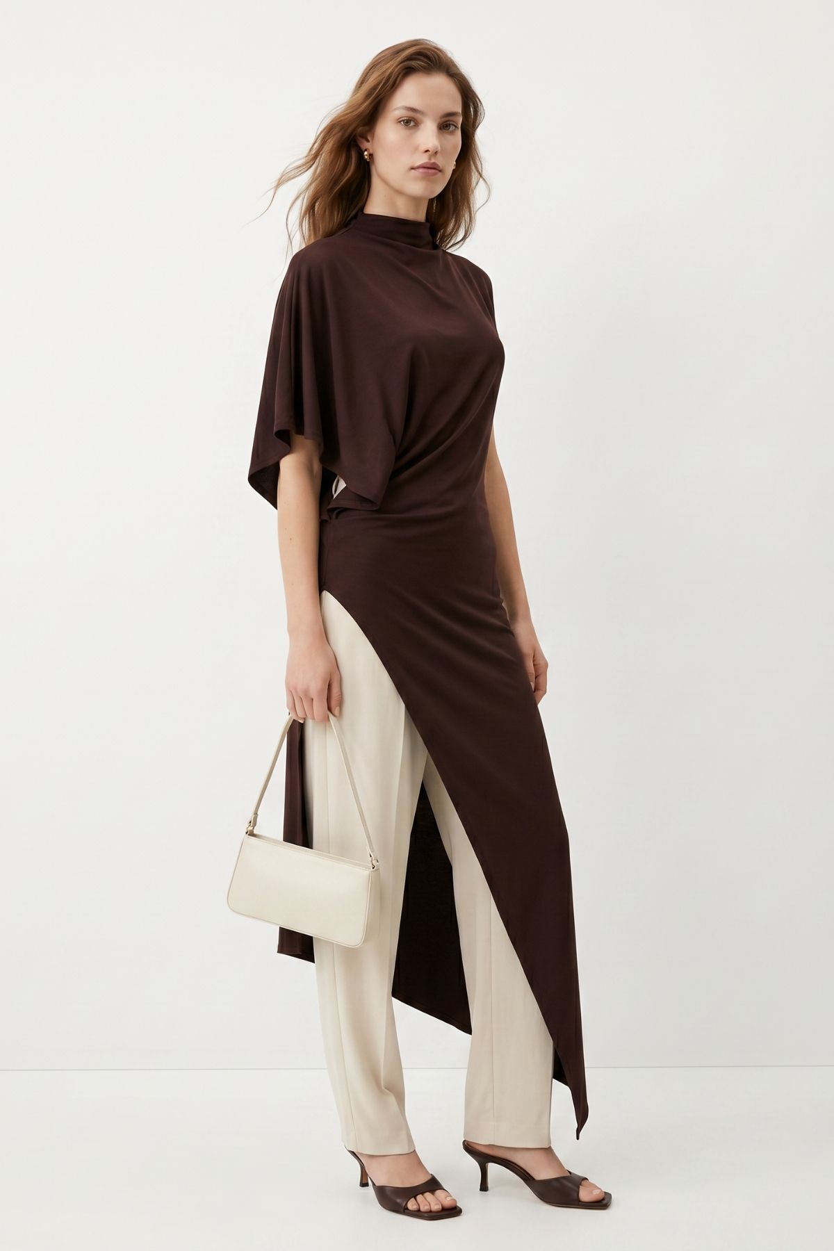 Dik Yaka Asimetrik Kesim Uzun Tunik 261659 Kahve - RAYS
