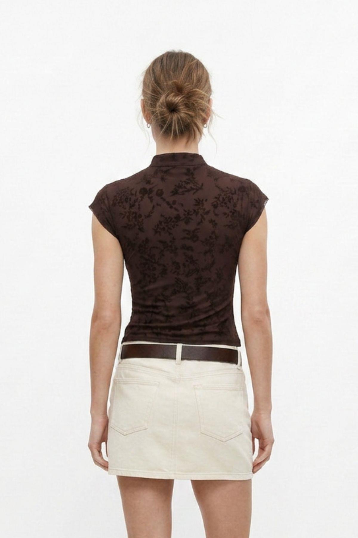 Dik Yaka Düğmeli Flok Bluz 8556A Kahve - 3