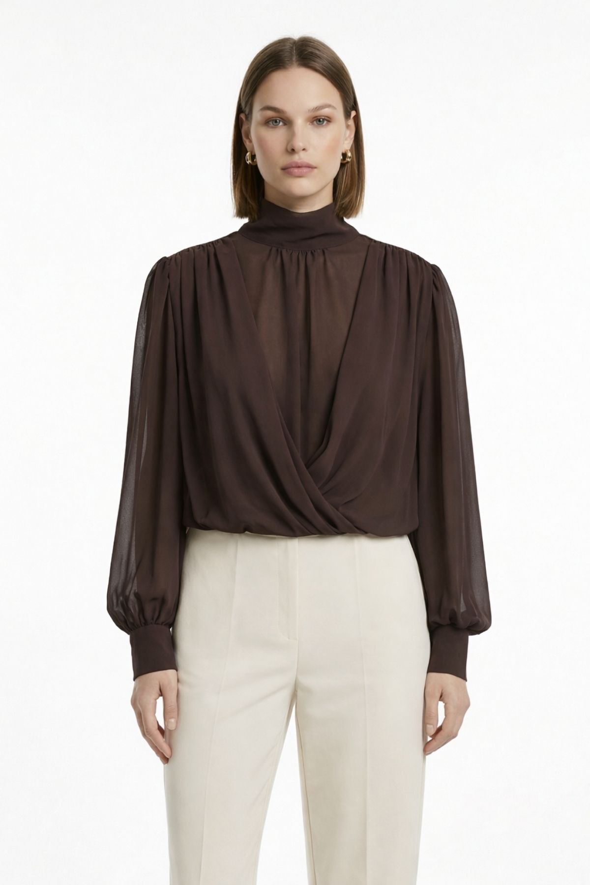 Kahve Dik Yaka Uzun Kol Bluz 252200 - RAYS