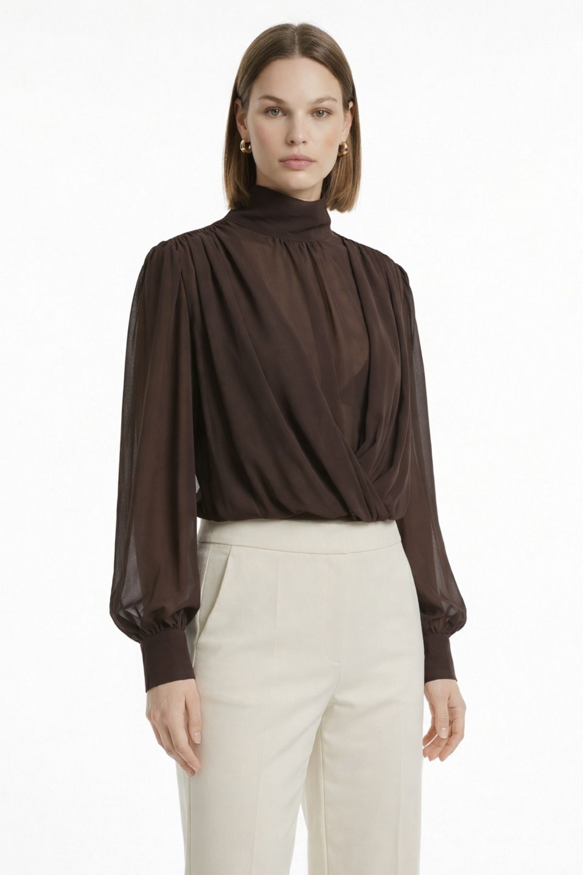 Kahve Dik Yaka Uzun Kol Bluz 252200 - RAYS (1)