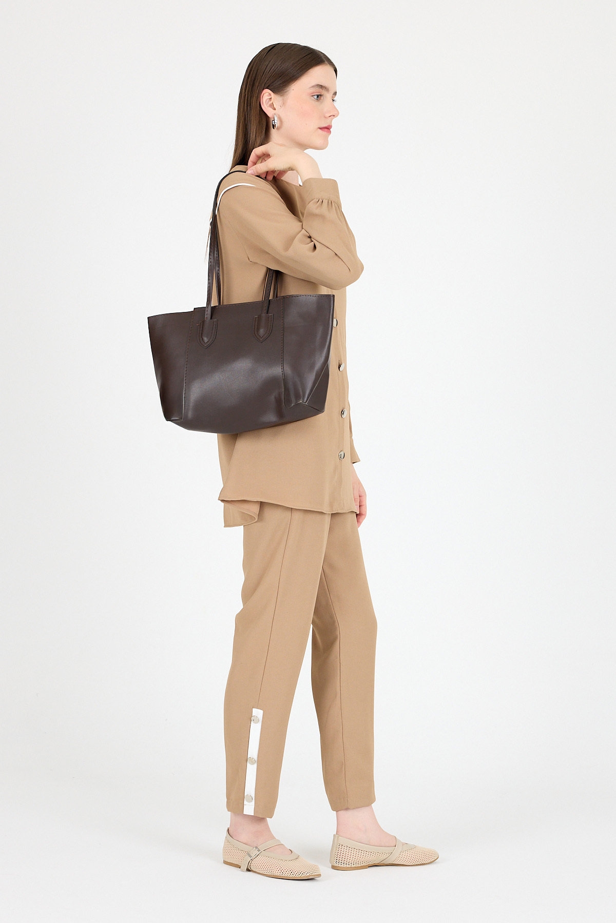 Kahve Dikiş Detaylı Omuz Çantası 9212 - 3