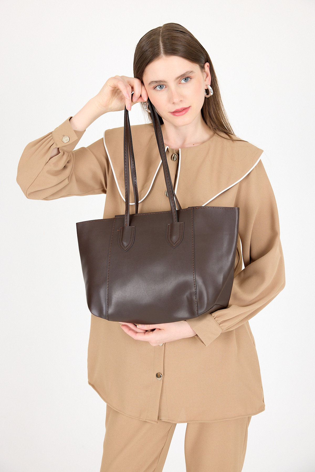 Kahve Dikiş Detaylı Omuz Çantası 9212 - 5