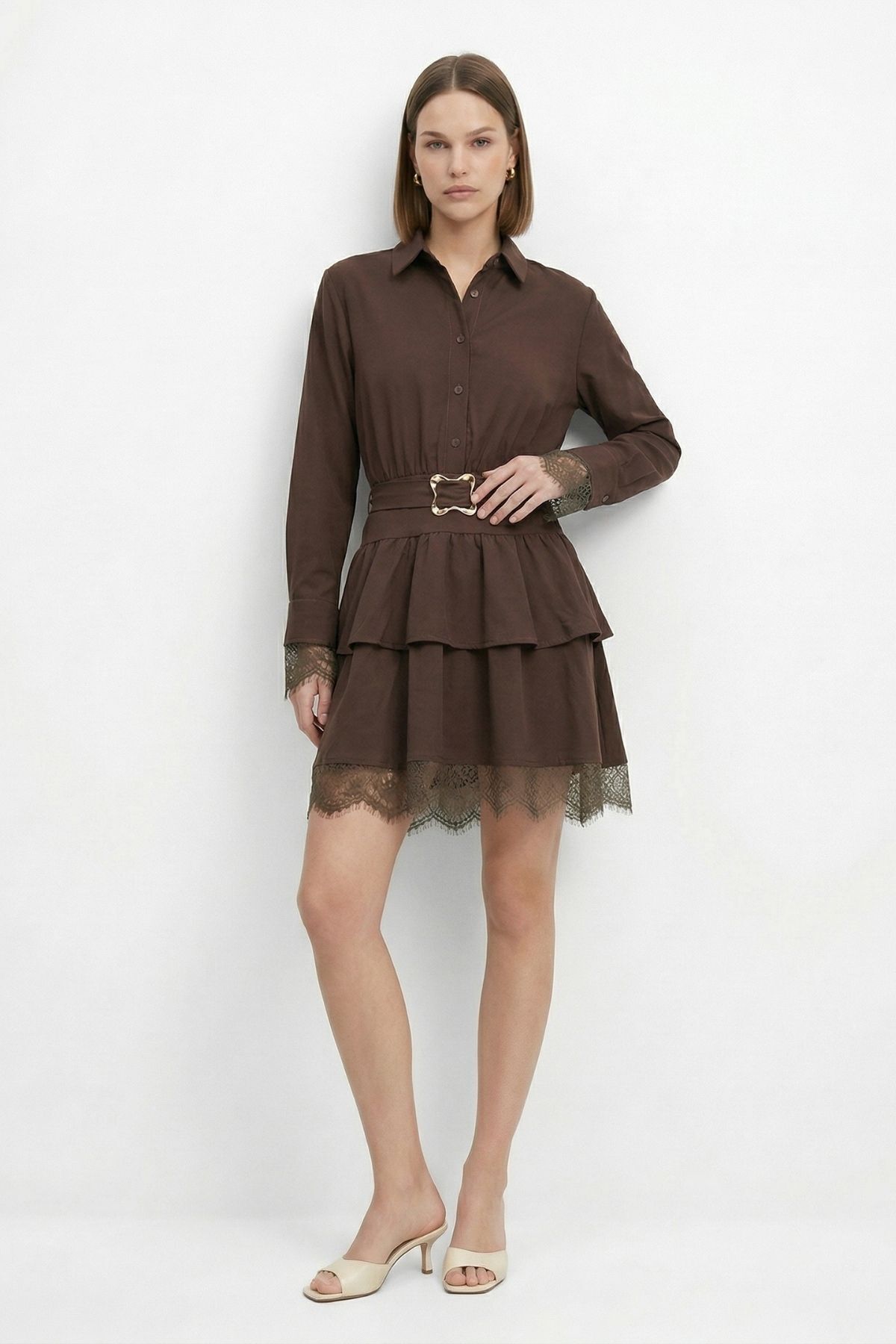 Kahve Düğmeli Kat Kat Elbise 2817 - 2