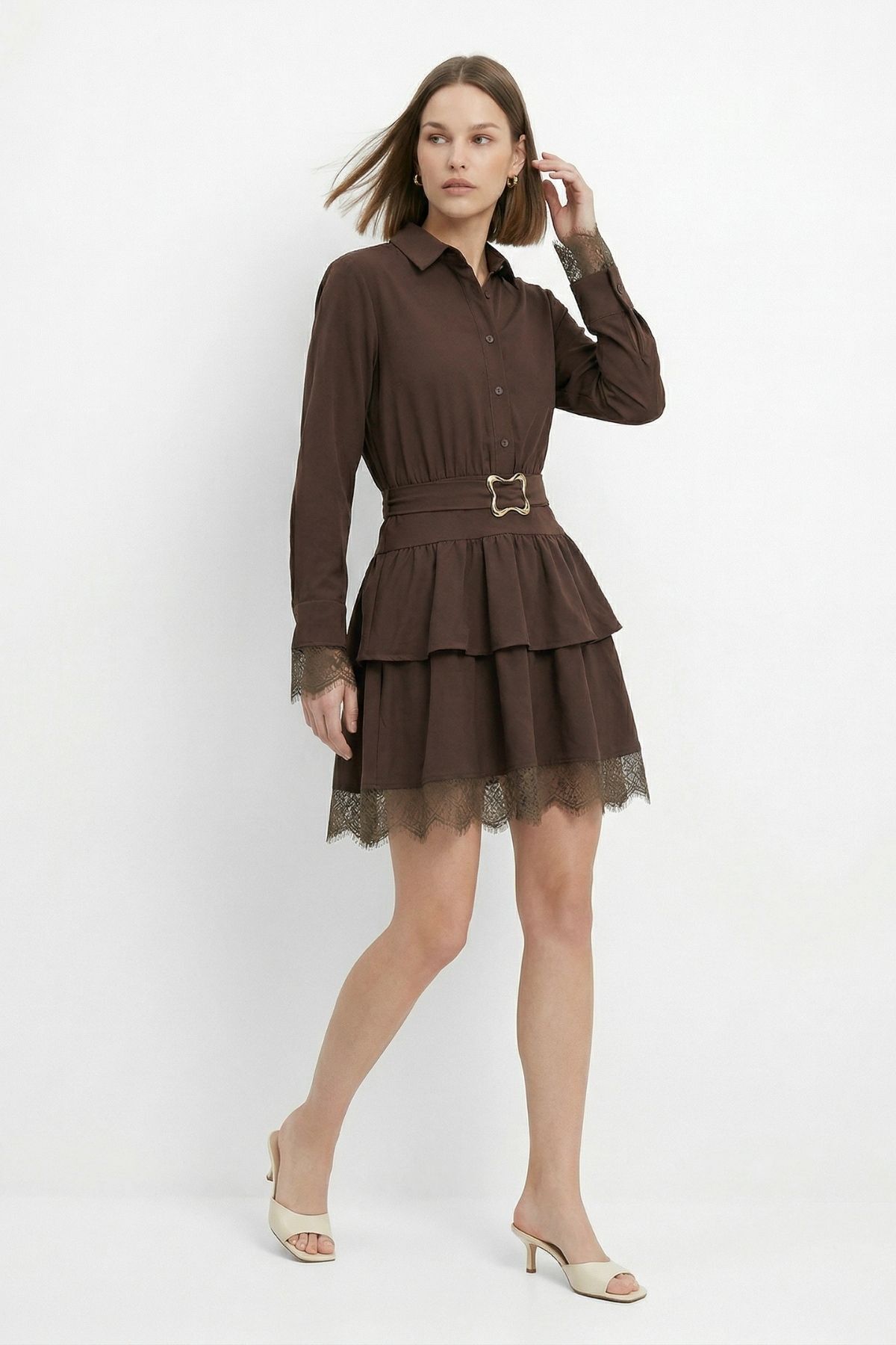 Kahve Düğmeli Kat Kat Elbise 2817 - RAYS