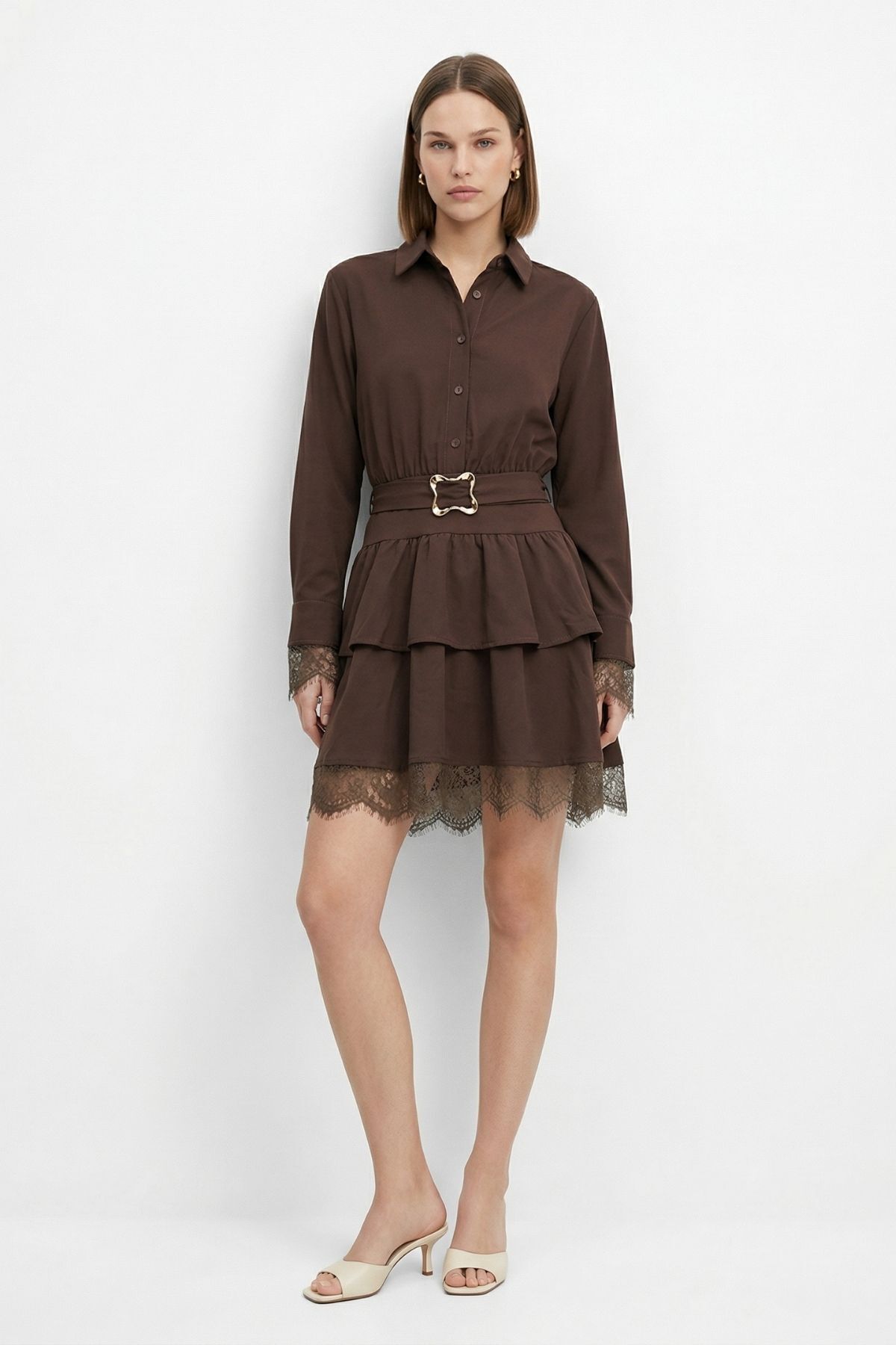 Kahve Düğmeli Kat Kat Elbise 2817 - RAYS