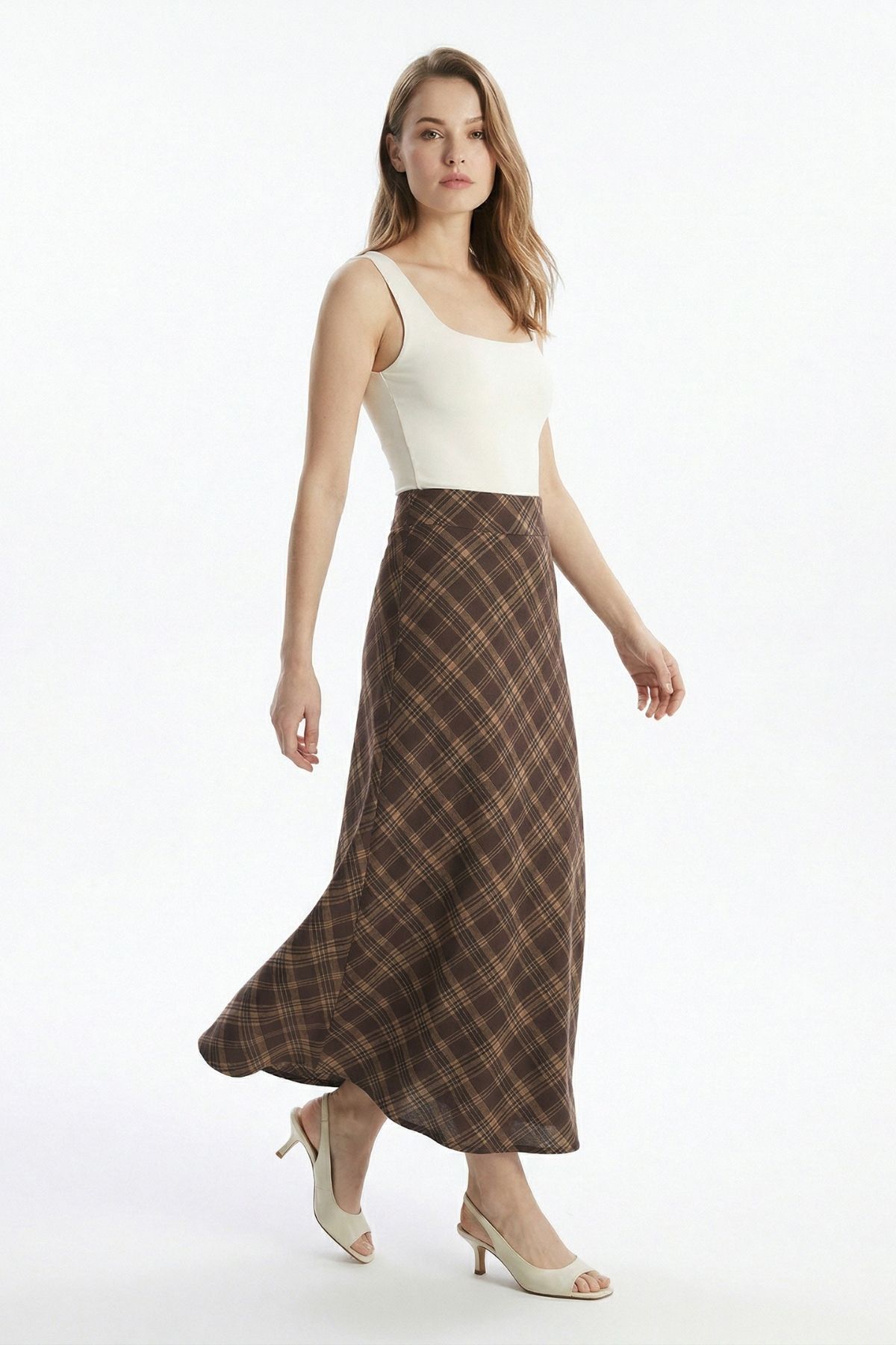 Kahve Ekose Desen Bel Lastikli Etek 3507-1 