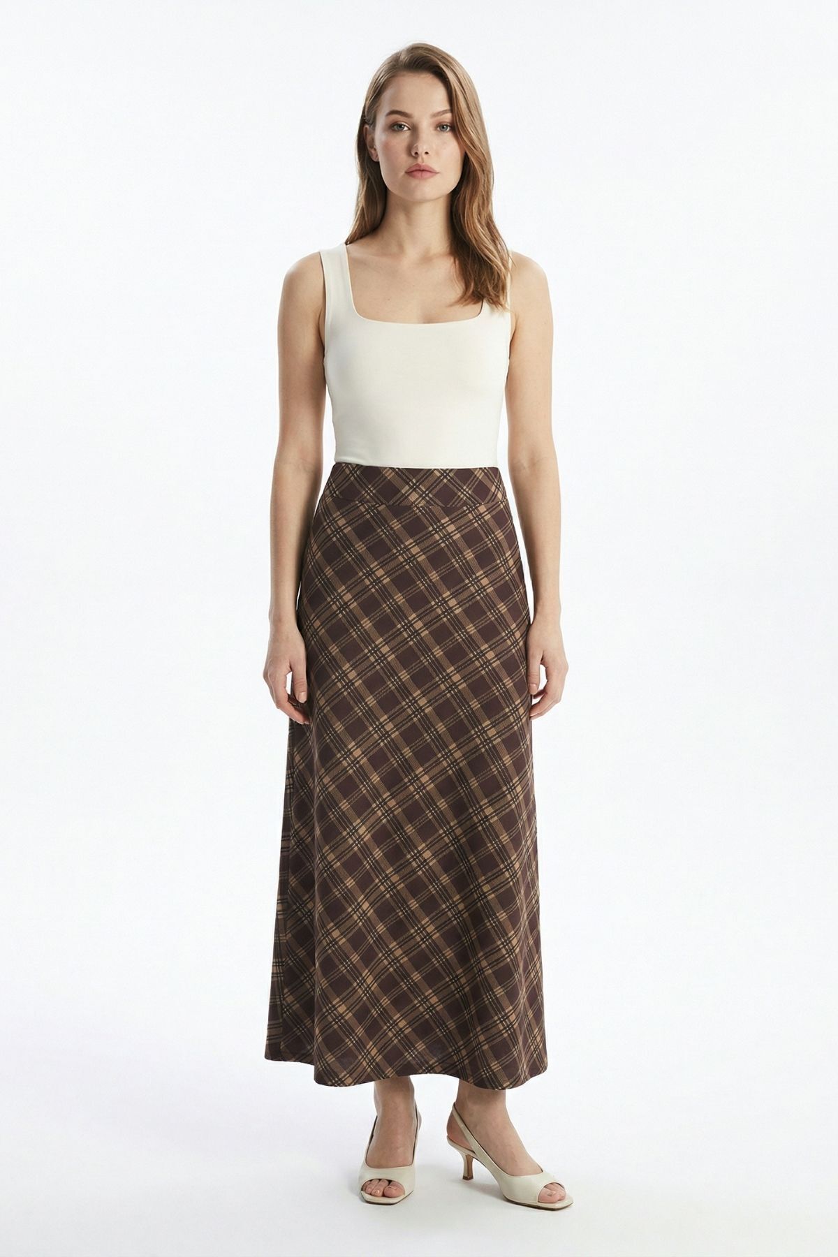 Kahve Ekose Desen Bel Lastikli Etek 3507-1 - 2