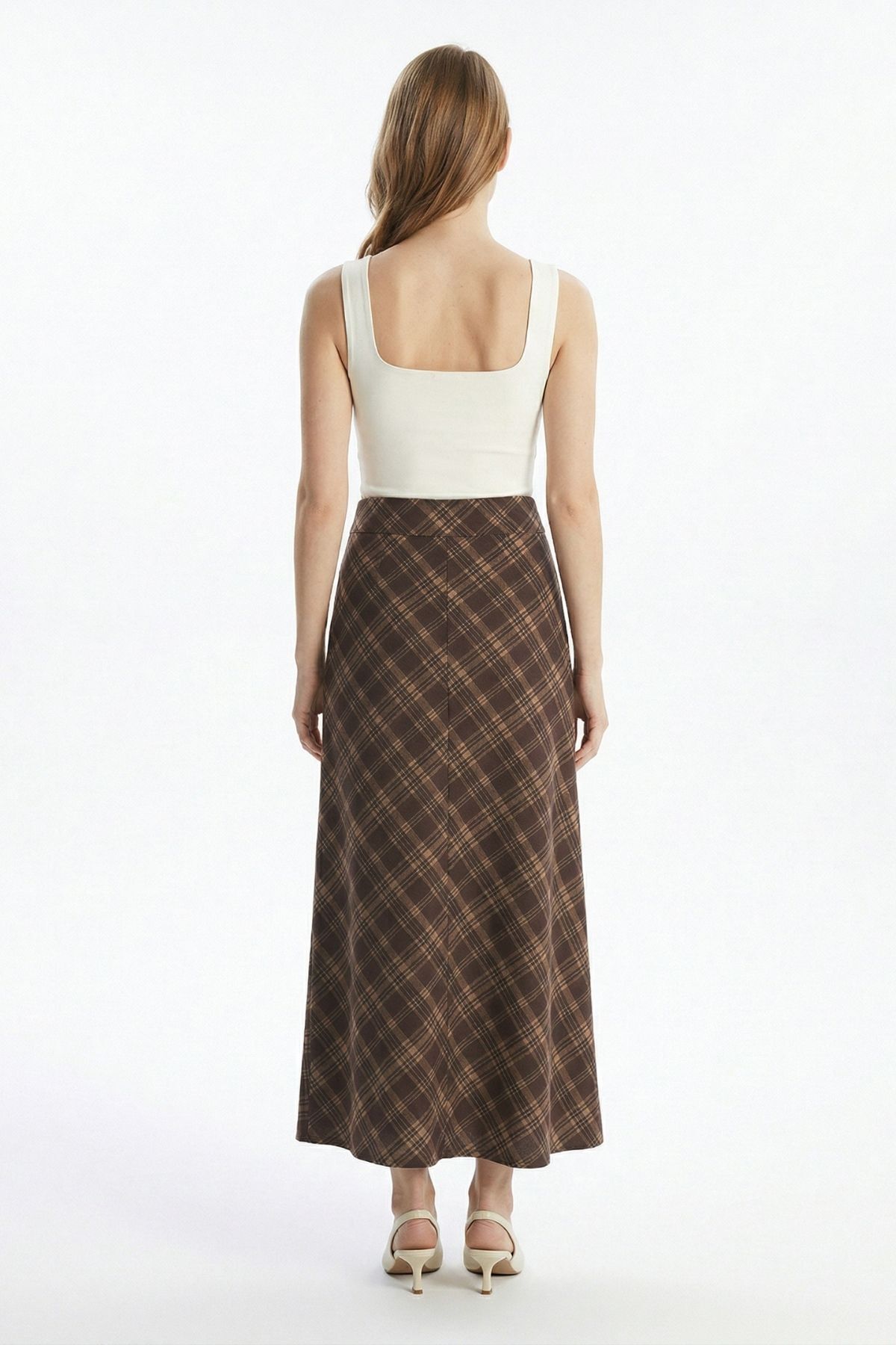 Kahve Ekose Desen Bel Lastikli Etek 3507-1 - RAYS