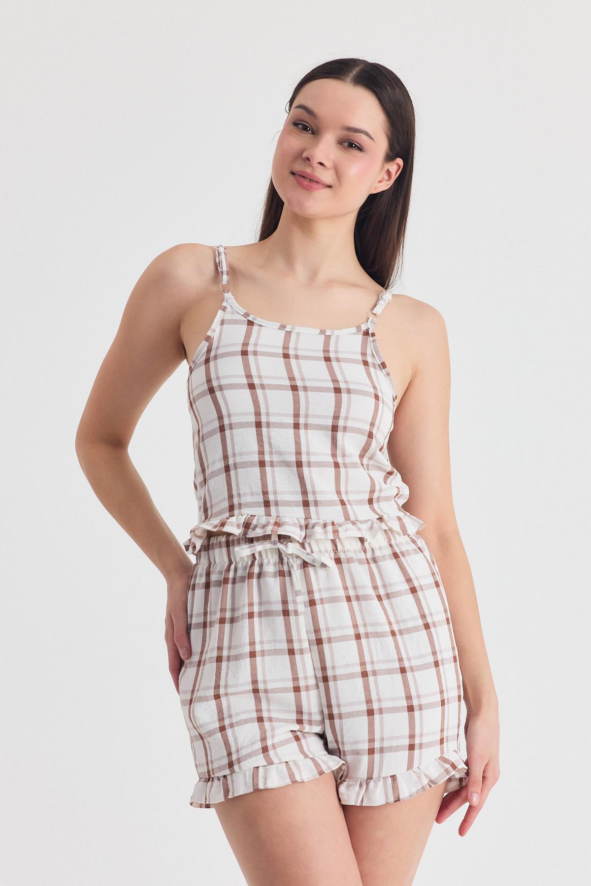 Kahve Ekose Desenli Fırfır Detaylı Şortlu Takım 4452 - 1