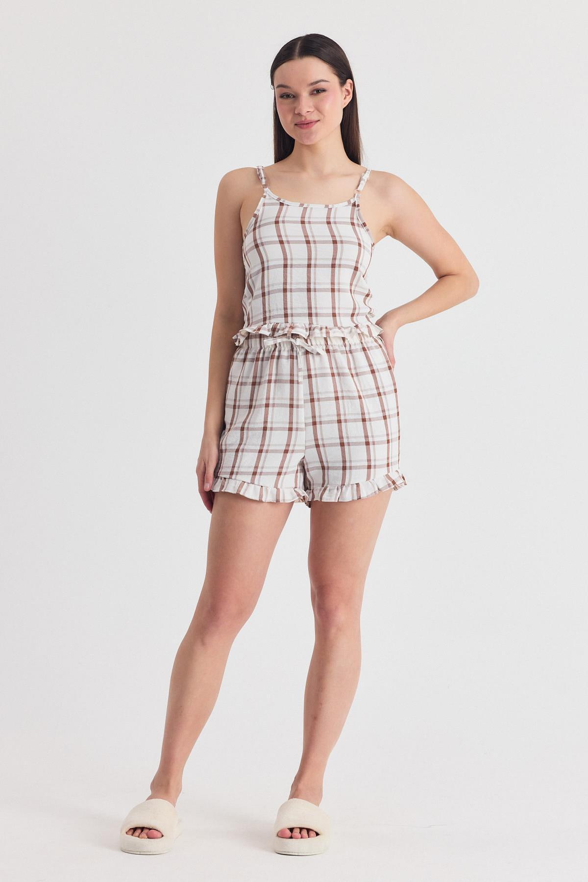 Kahve Ekose Desenli Fırfır Detaylı Şortlu Takım 4452 - 2