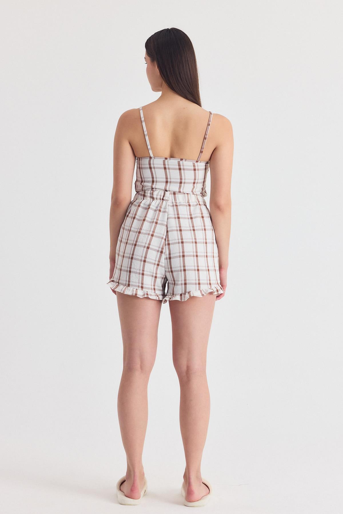 Kahve Ekose Desenli Fırfır Detaylı Şortlu Takım 4452 - 5