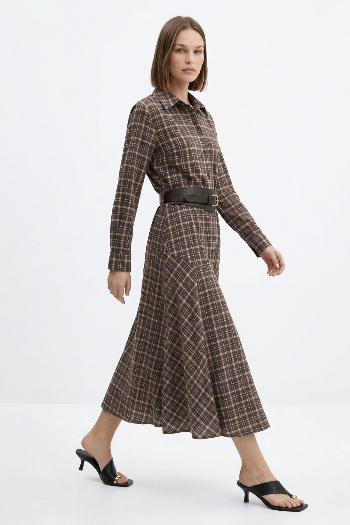 Kahve Ekose Desenli Kemerli Elbise 35555 - RAYS