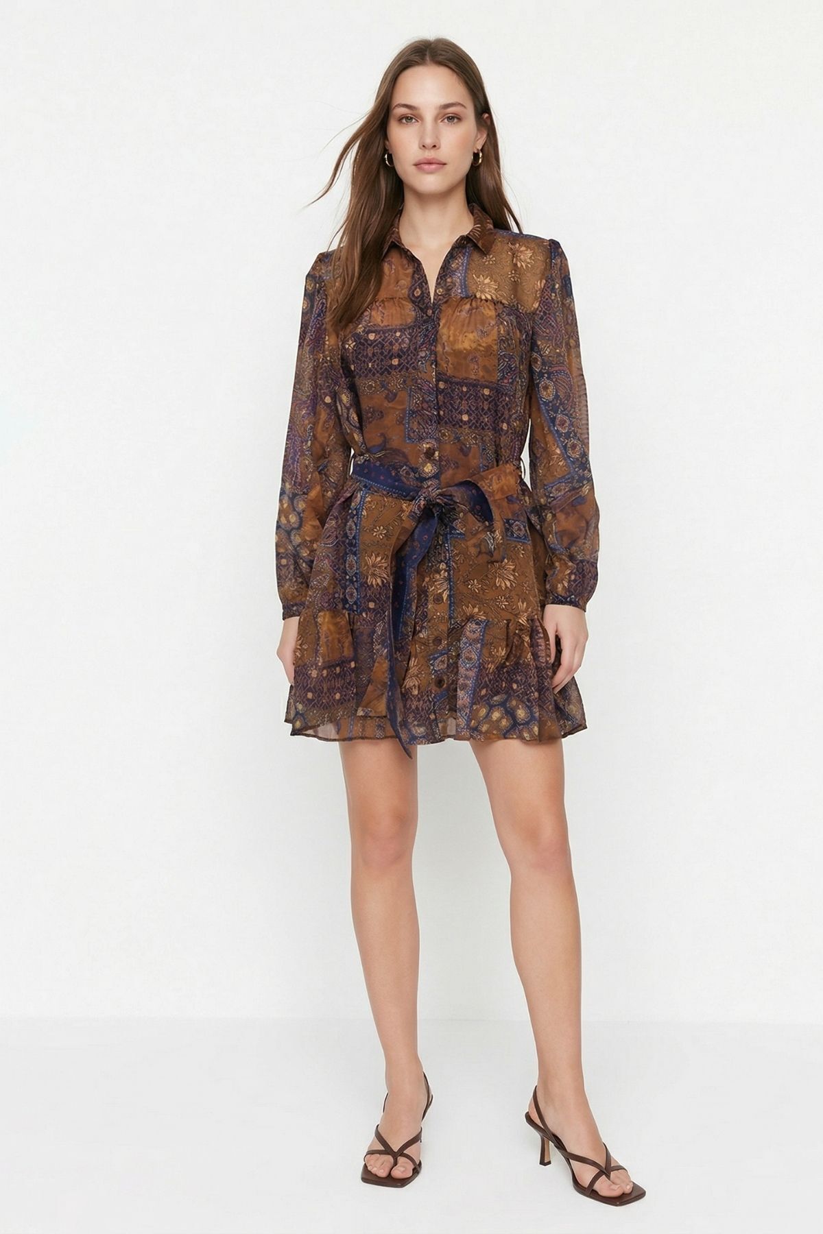 Kahve Etnik Desenli Kemerli Elbise 35560 - RAYS