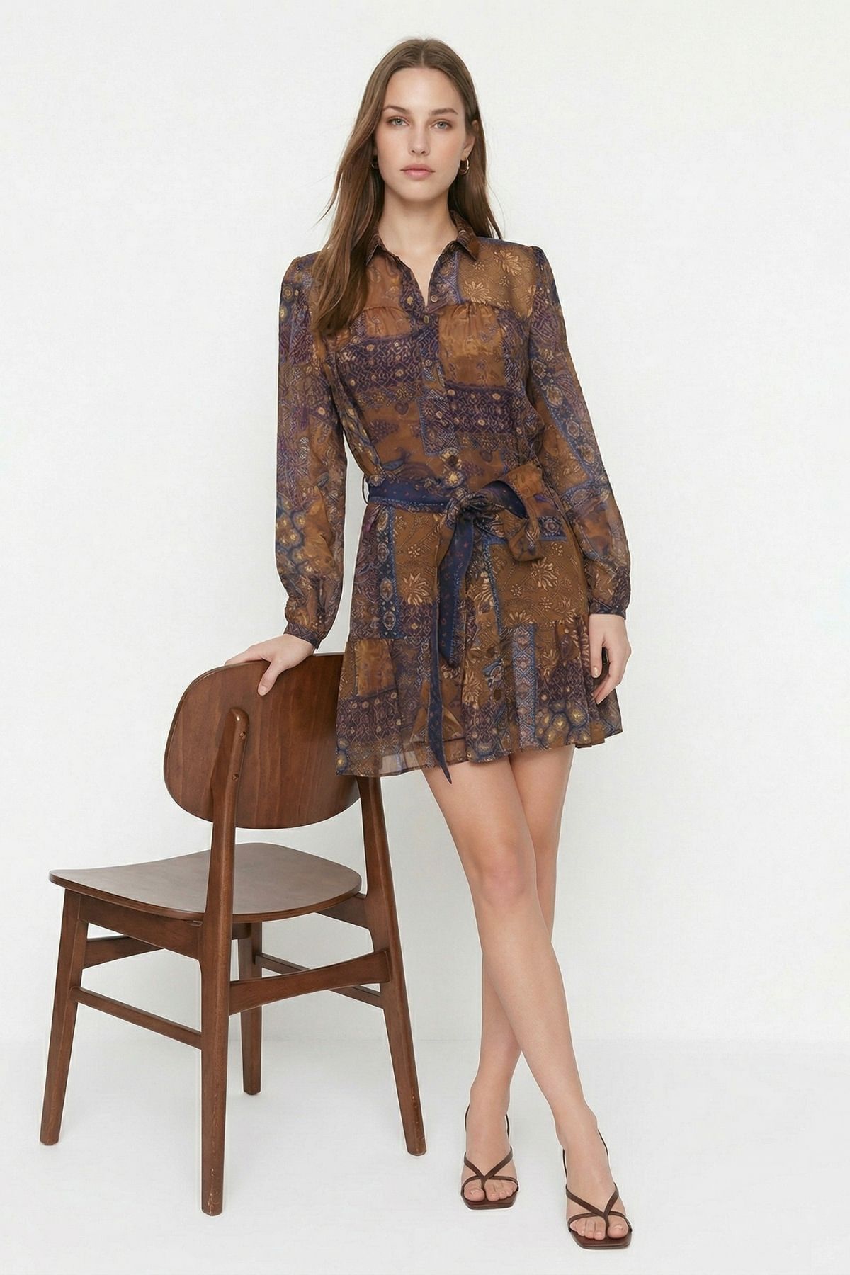 Kahve Etnik Desenli Kemerli Elbise 35560 - RAYS (1)