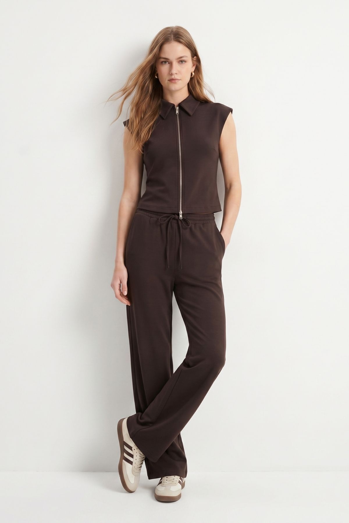 Kahve Fermuarlı Bluz Pantolon Takım 2796 - RAYS