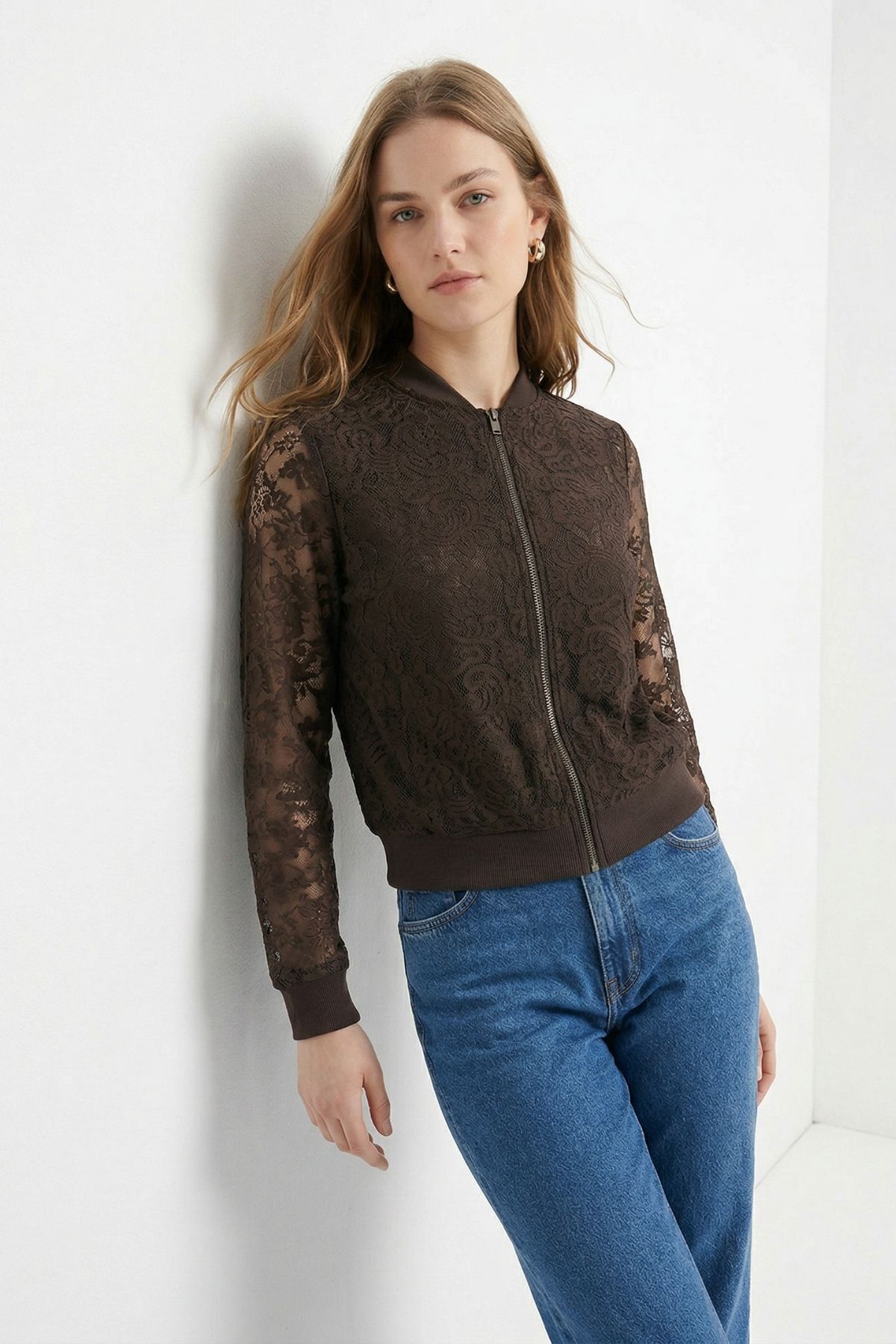 Kahve Fermuarlı Dantelli Ceket 23009 - RAYS