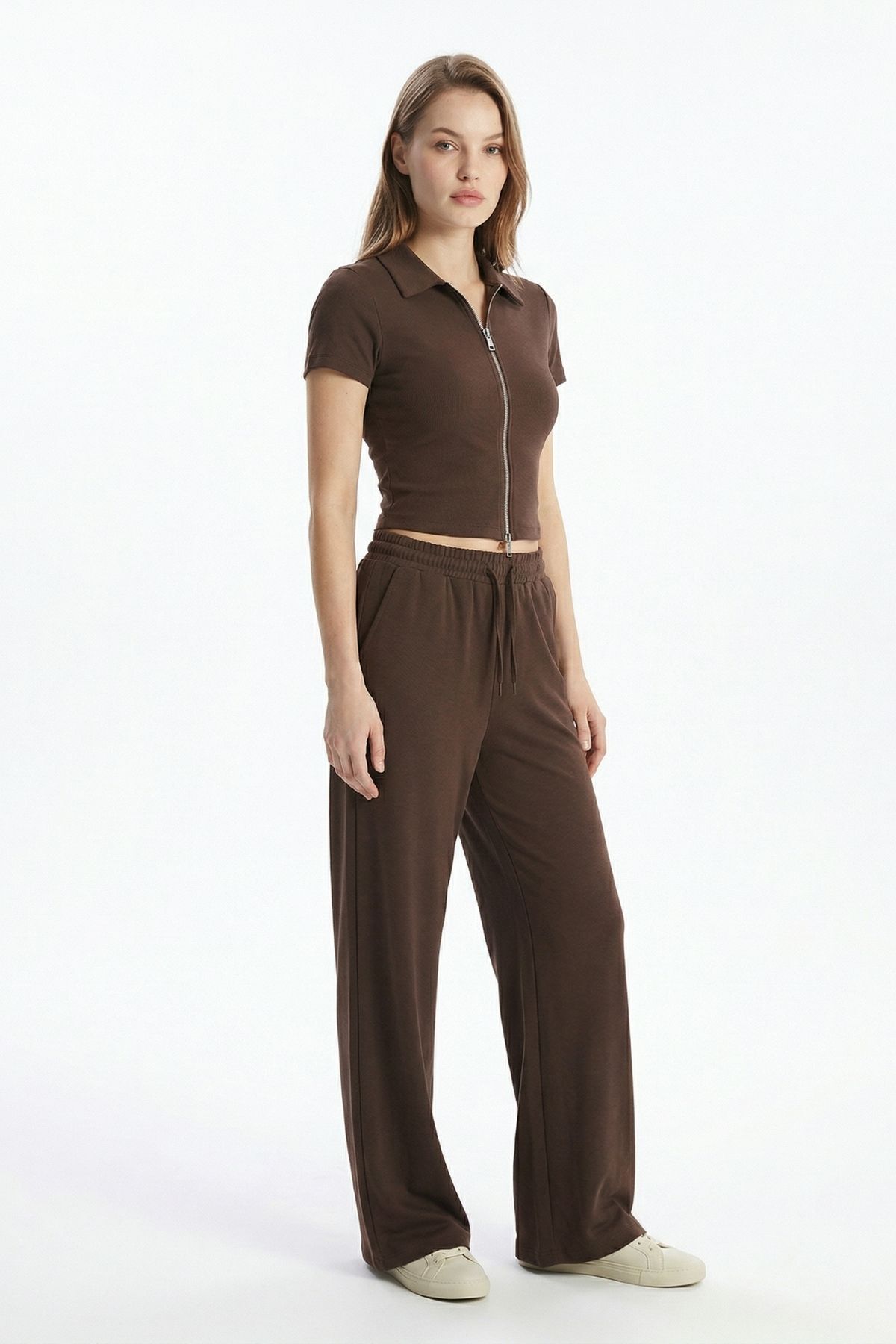 Kahve Fermuarlı Gömlek Yaka Eşofman Takım 0426 