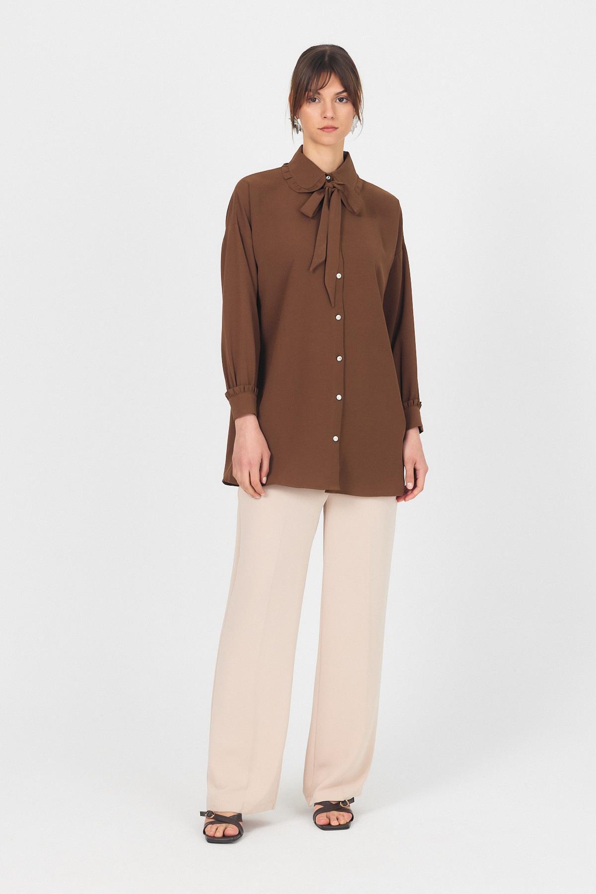 Kahve Fırfır Yaka Detaylı Bağlamalı Tunik 4586A - 3