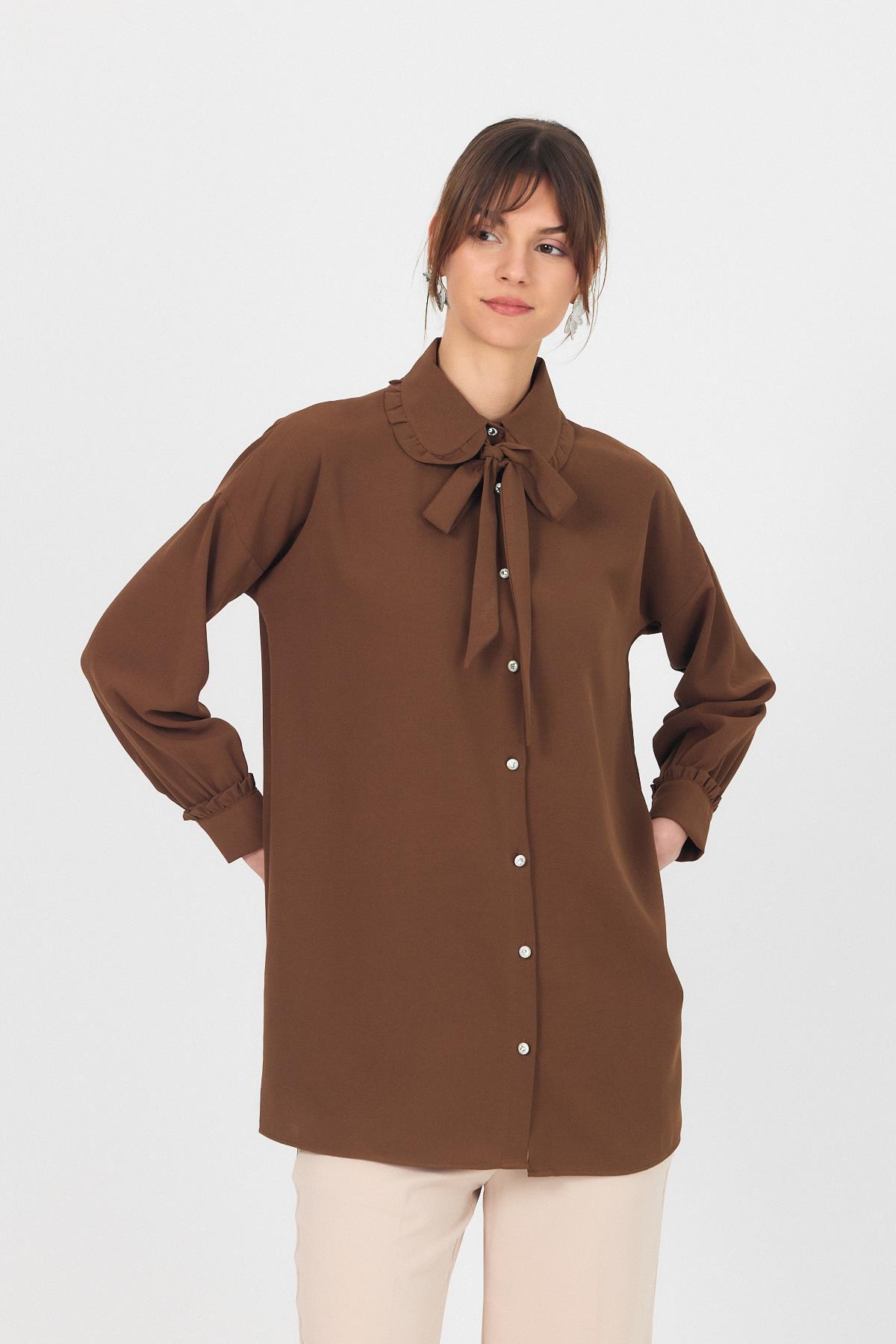 Kahve Fırfır Yaka Detaylı Bağlamalı Tunik 4586A - RAYS