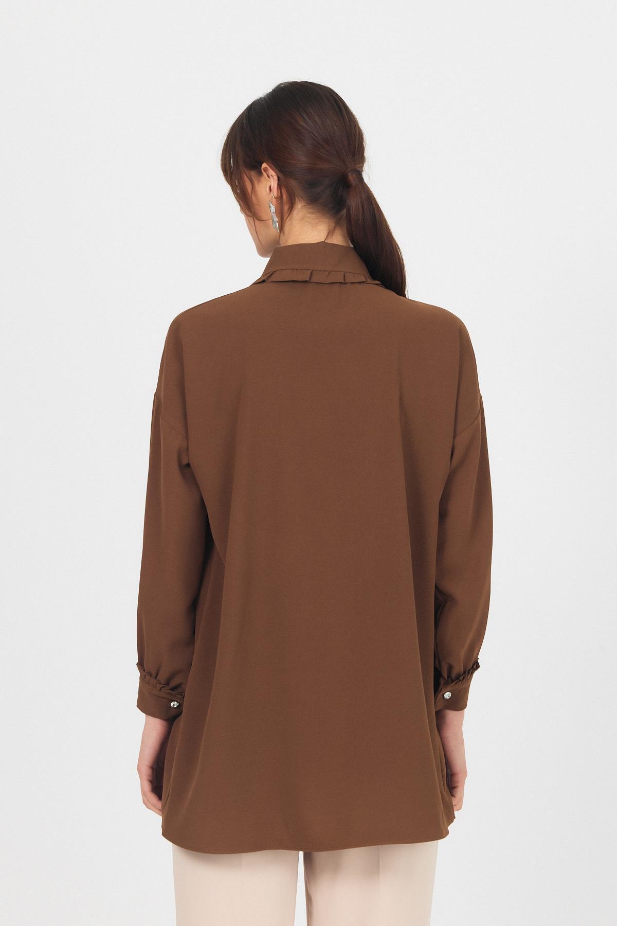 Kahve Fırfır Yaka Detaylı Bağlamalı Tunik 4586A - 5