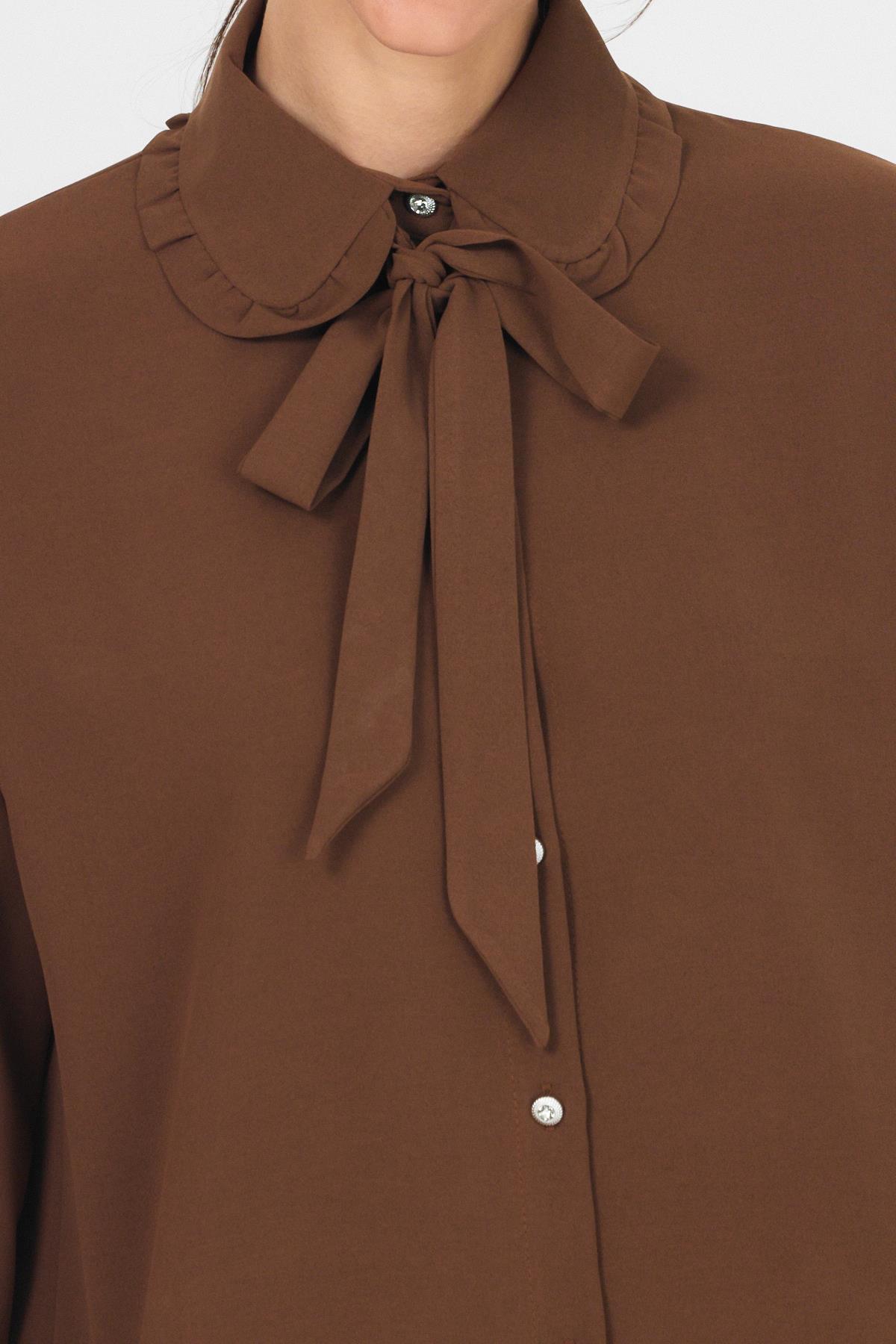 Kahve Fırfır Yaka Detaylı Bağlamalı Tunik 4586A - 8