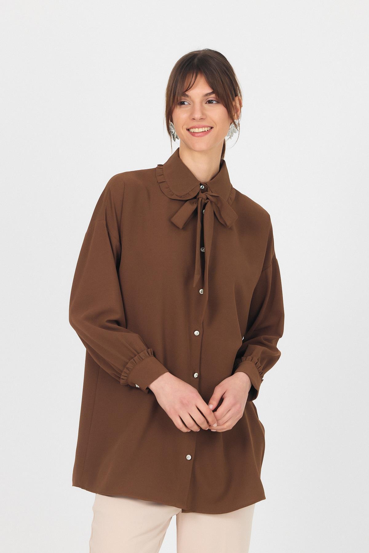 Kahve Fırfır Yaka Detaylı Bağlamalı Tunik 4586A - 7