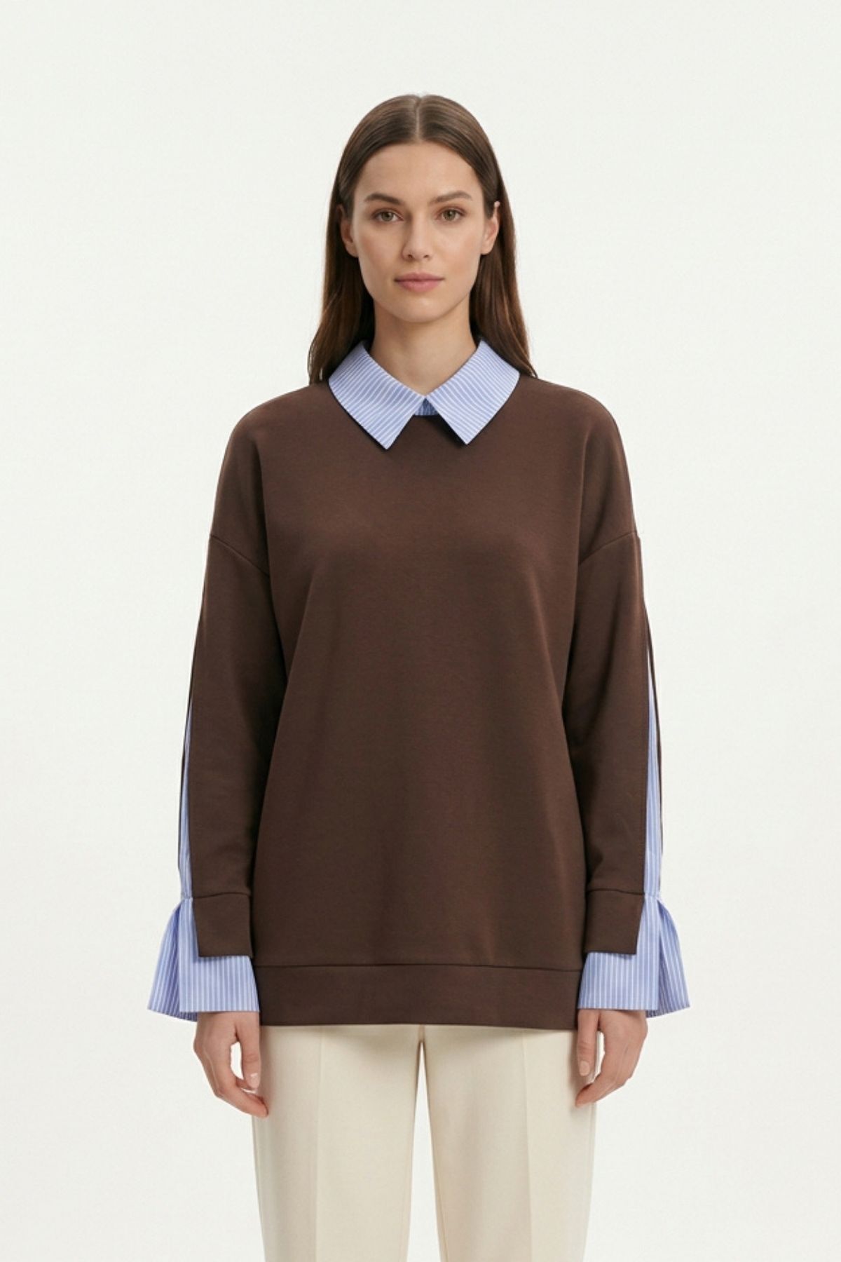 Kahve Gömlek Yaka Detay Garnili Tunik 5805 - 1