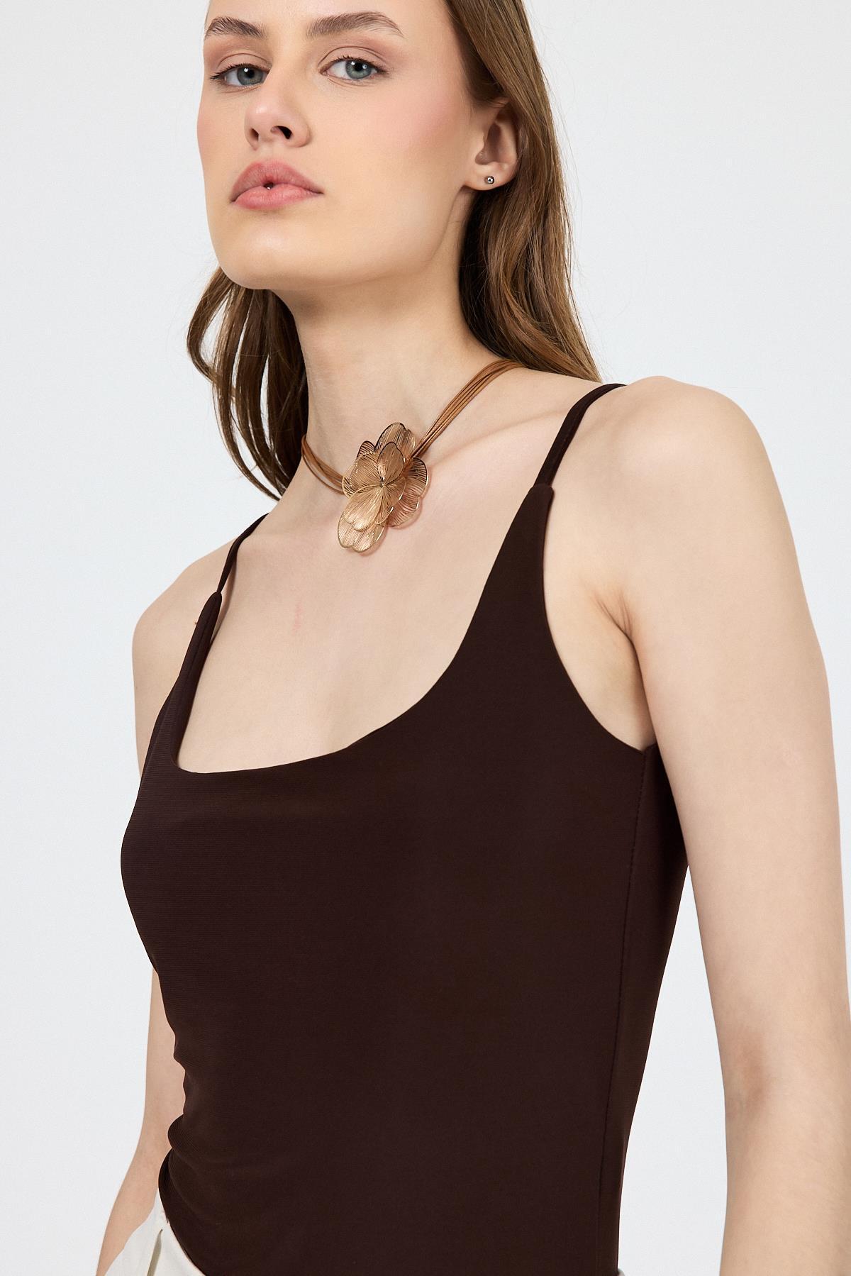 Kahve İnce Askılı Çıtçıtlı Bodysuit 13255 - RAYS