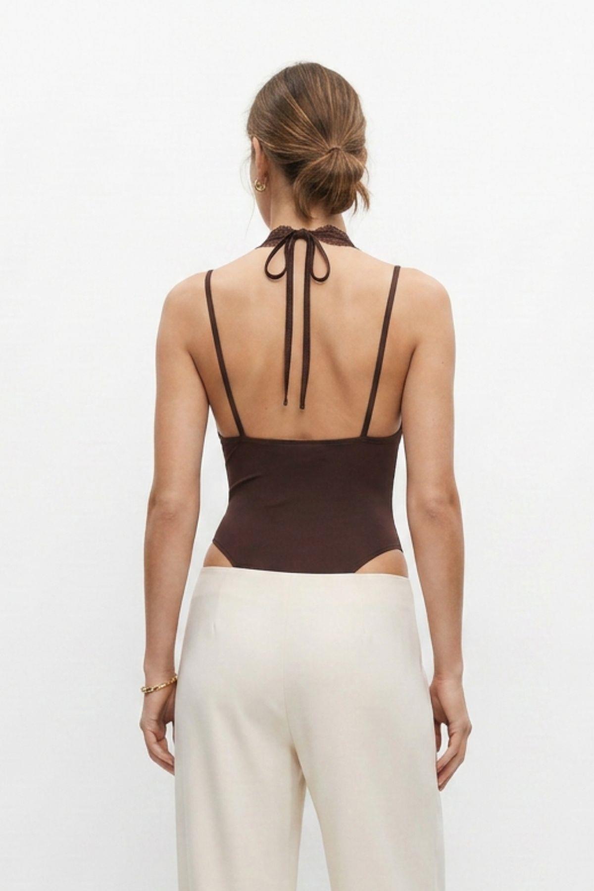 Kahve İnce Askılı Dantel Detaylı Çıtçıtlı Bodysuit 3235 - RAYS