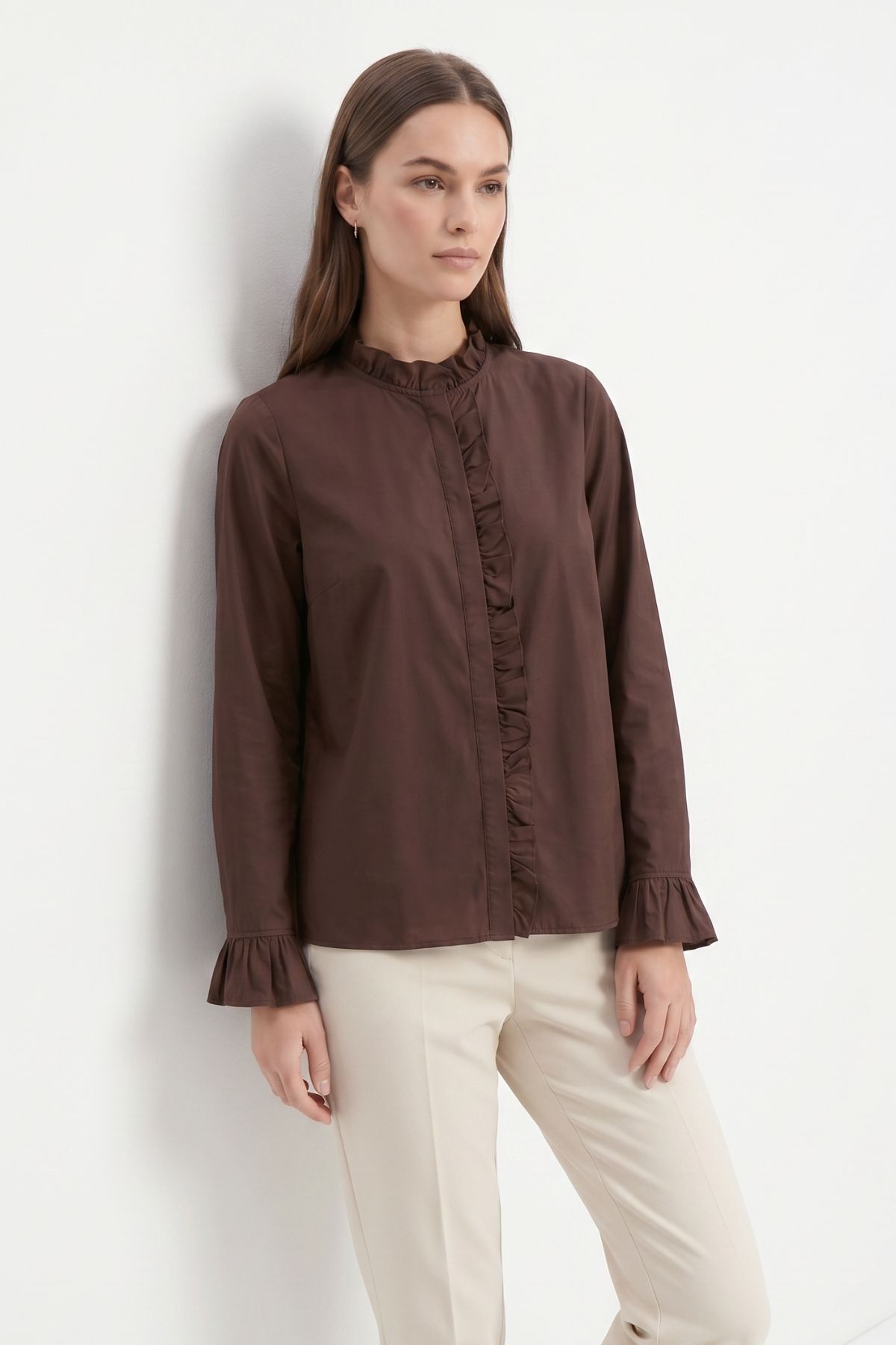 Kahve İspanyol Kollu Pileli Gömlek 0057 - 1