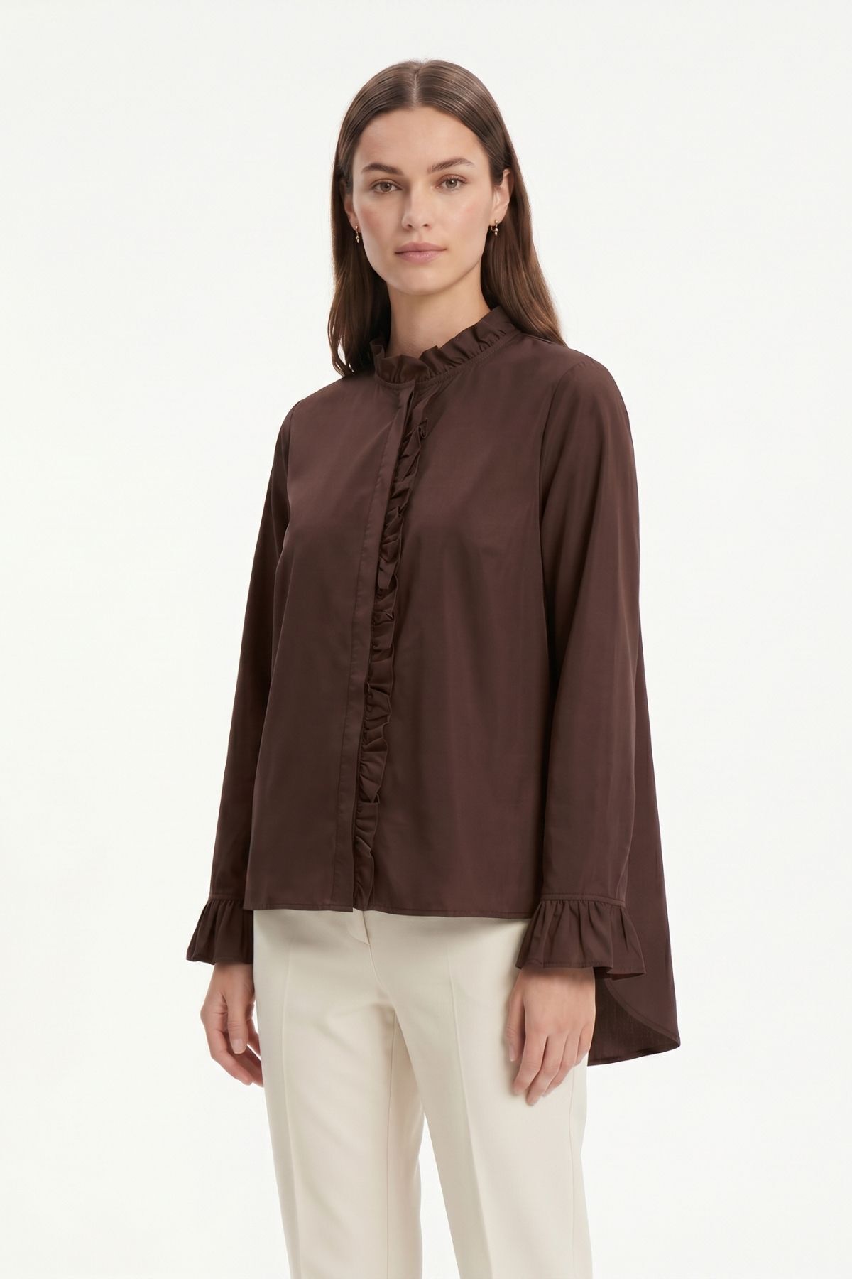 Kahve İspanyol Kollu Pileli Gömlek 0057 - RAYS (1)