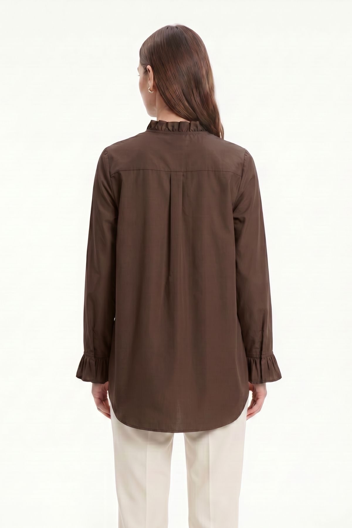 Kahve İspanyol Kollu Pileli Gömlek 0057 - 3