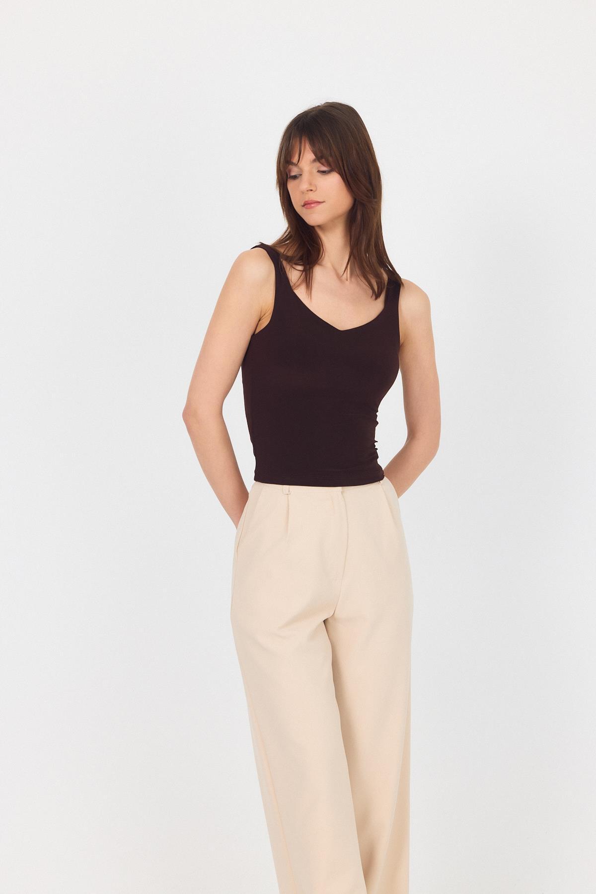 Kahve Kalın Askılı V Yaka Bluz 13293 - 6