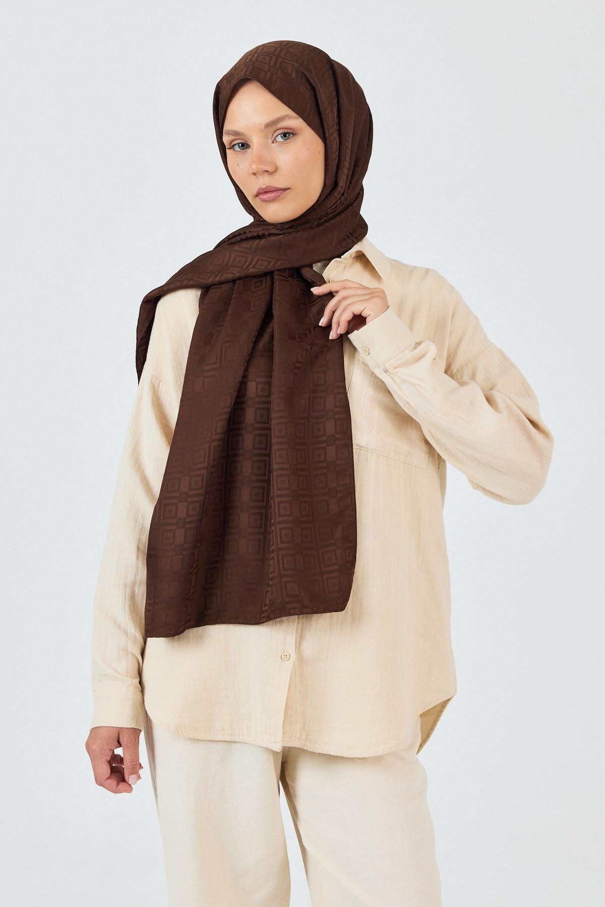 Kahve Kare Desen Jakar Şal 5692 - 5