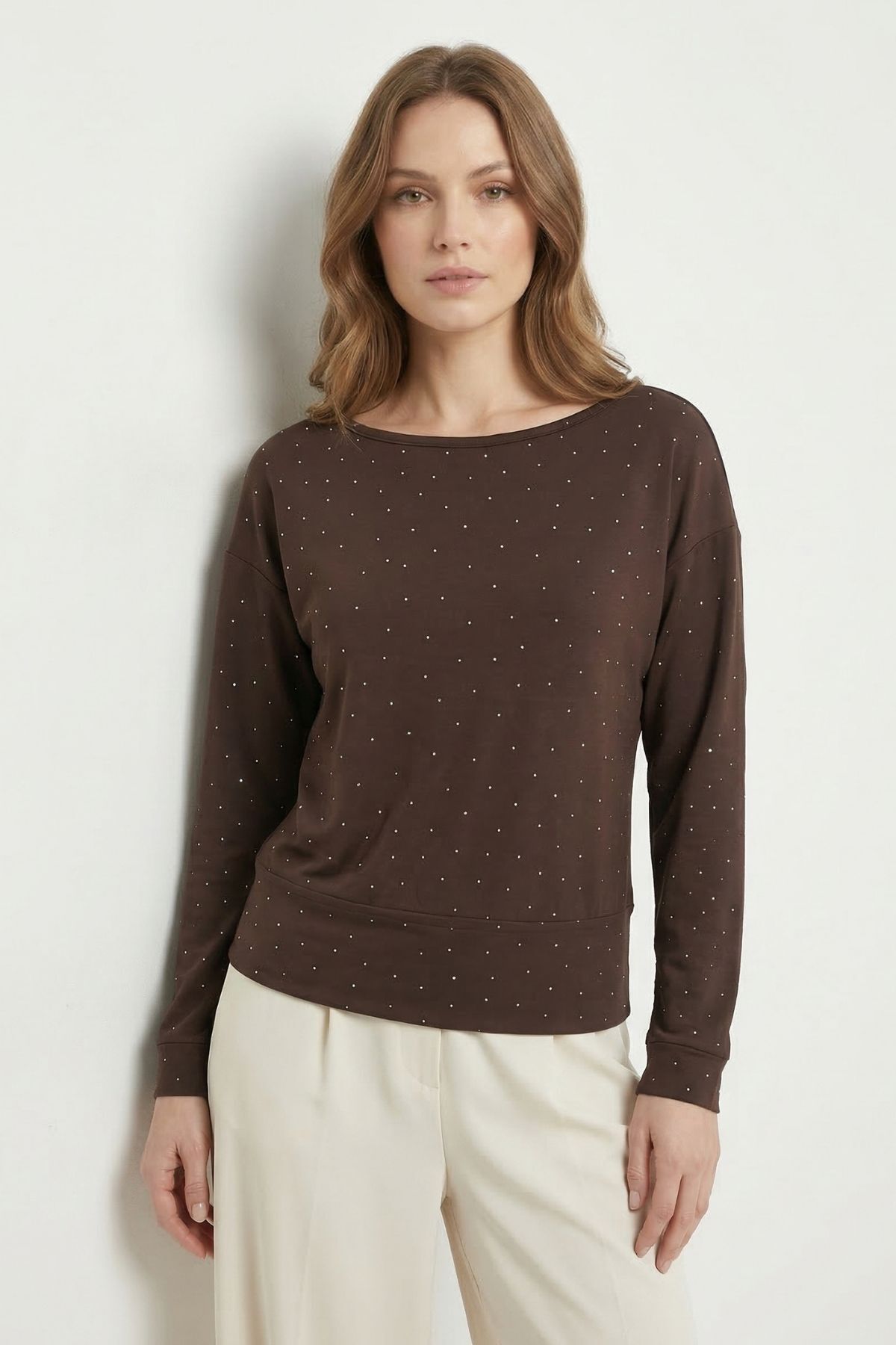 Kahve Kayık Yaka Taş Detaylı Bluz 8364 - 1