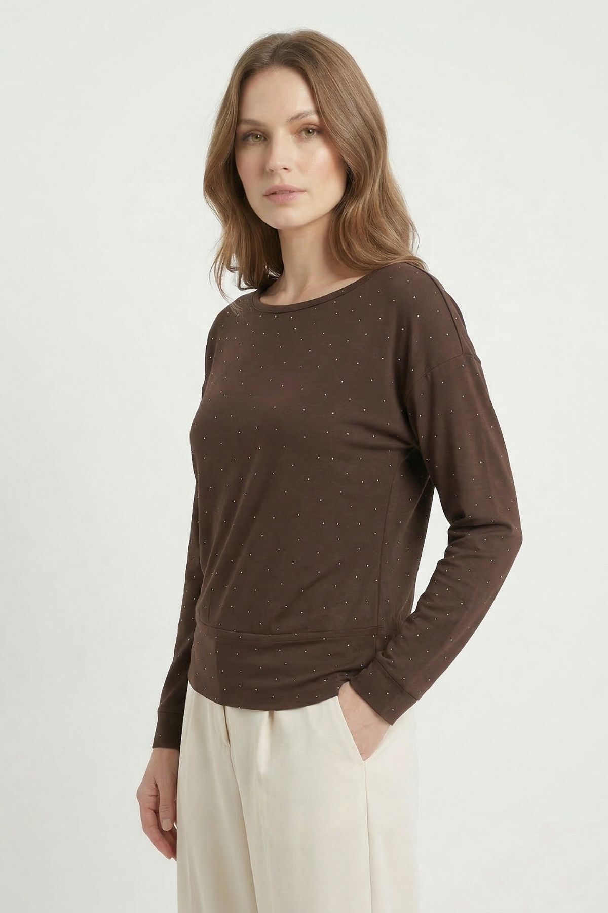 Kahve Kayık Yaka Taş Detaylı Bluz 8364 - RAYS (1)