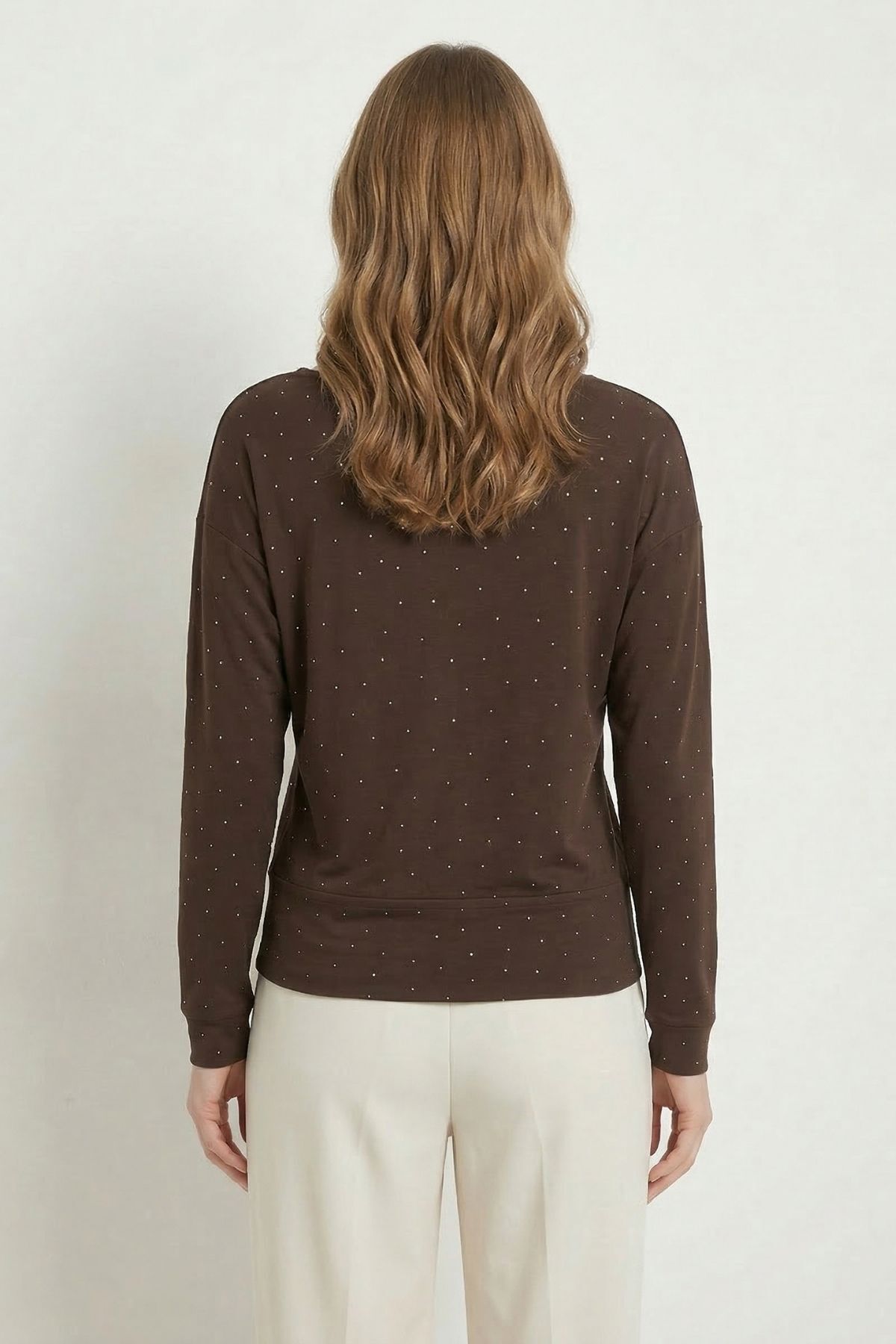 Kahve Kayık Yaka Taş Detaylı Bluz 8364 - 3