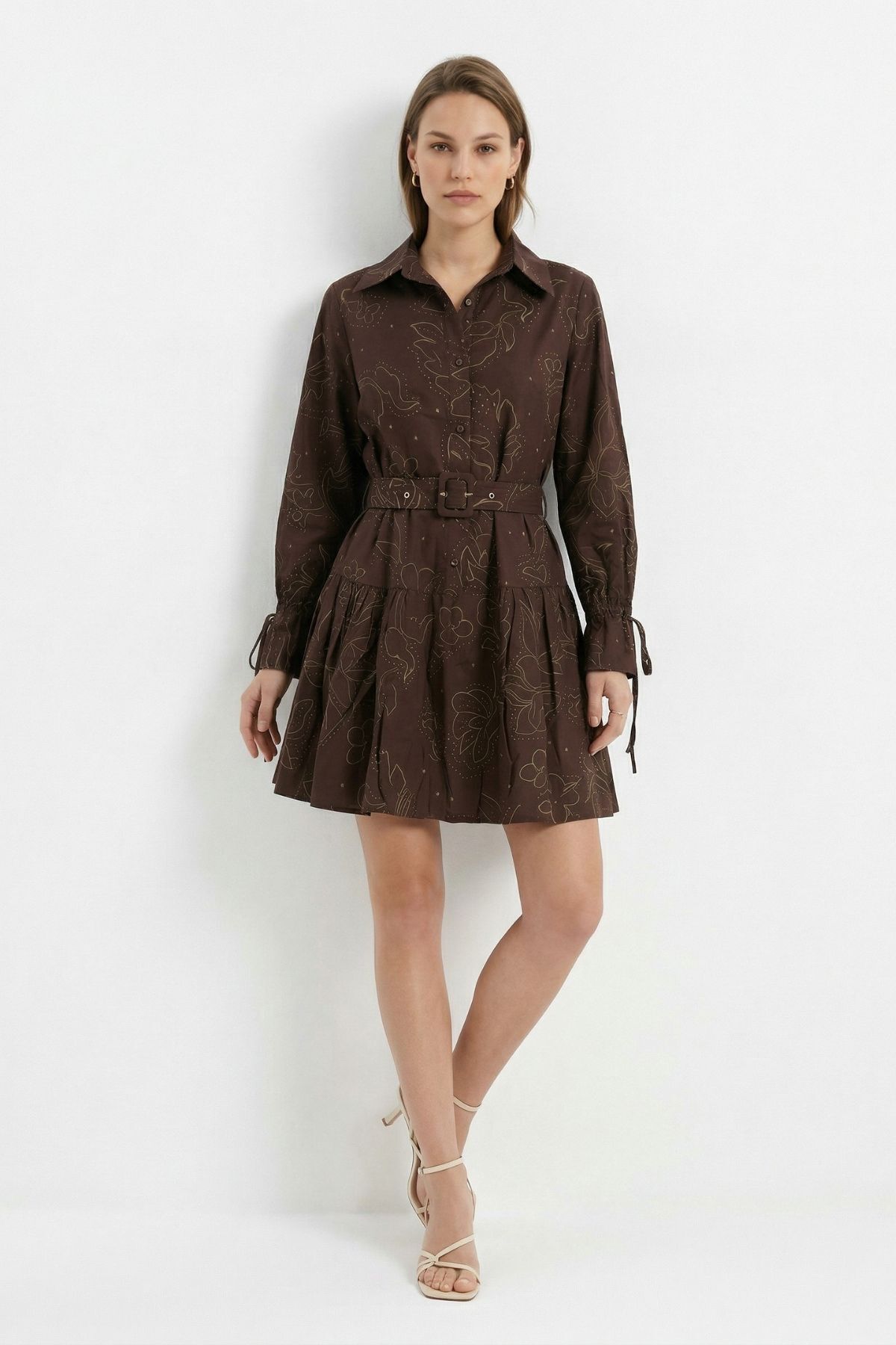 Kahve Kemerli Çiçek Desenli Elbise 35559 - RAYS (1)