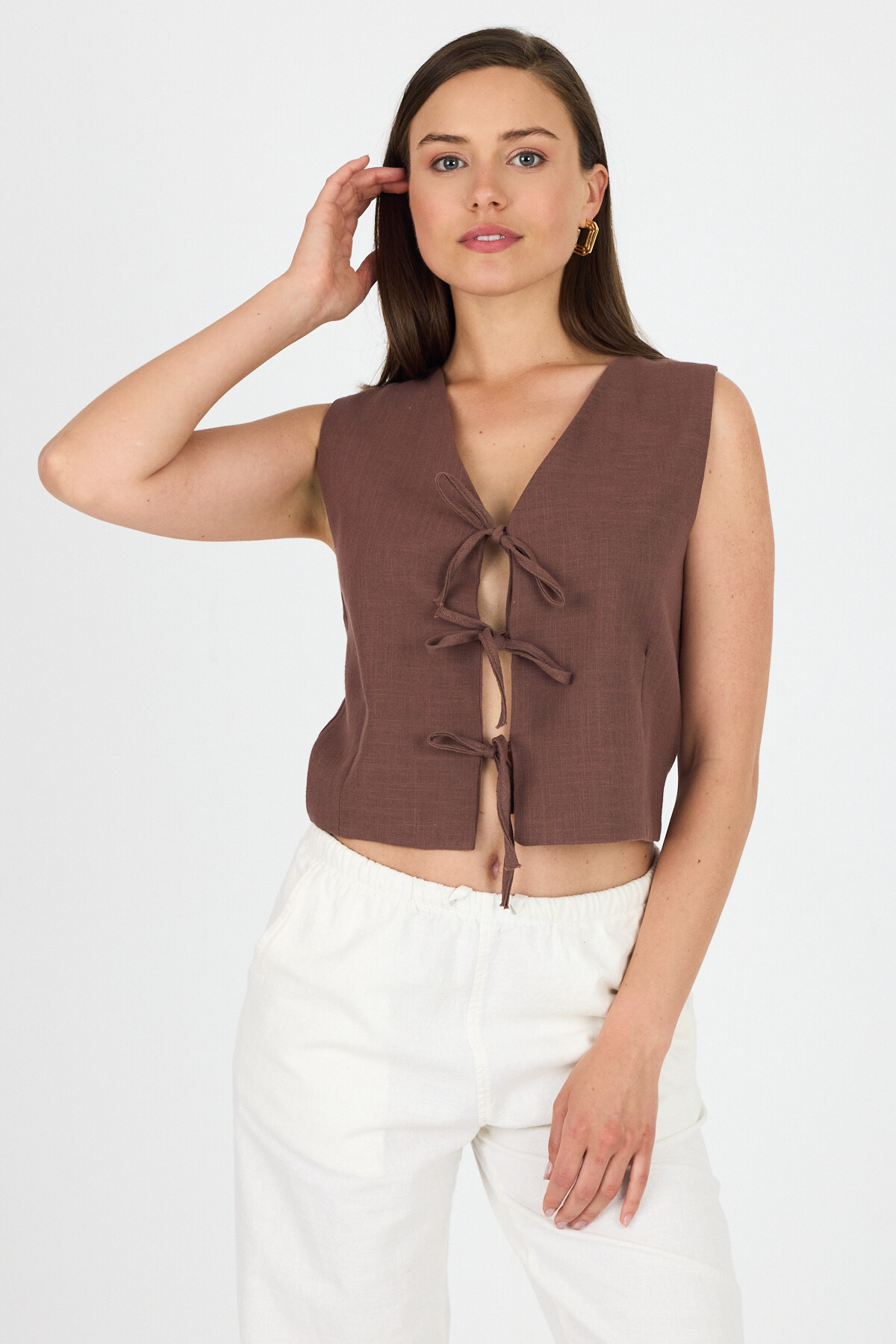 Kahve Keten Görünümlü %100 Pamuk Bağlama Detaylı Yelek 3853 - RAYS