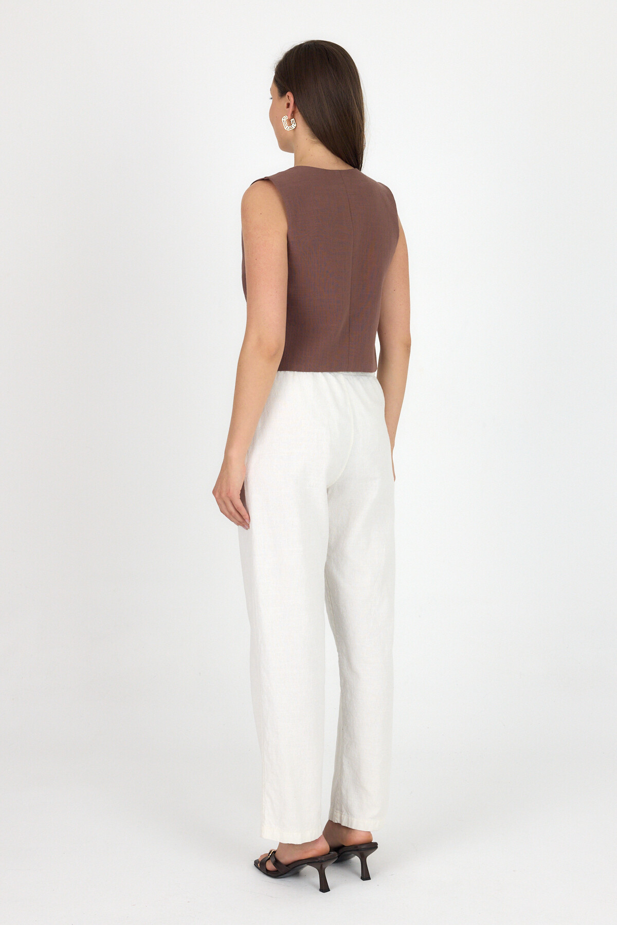 Kahve Keten Görünümlü %100 Pamuk Bağlama Detaylı Yelek 3853 - 6