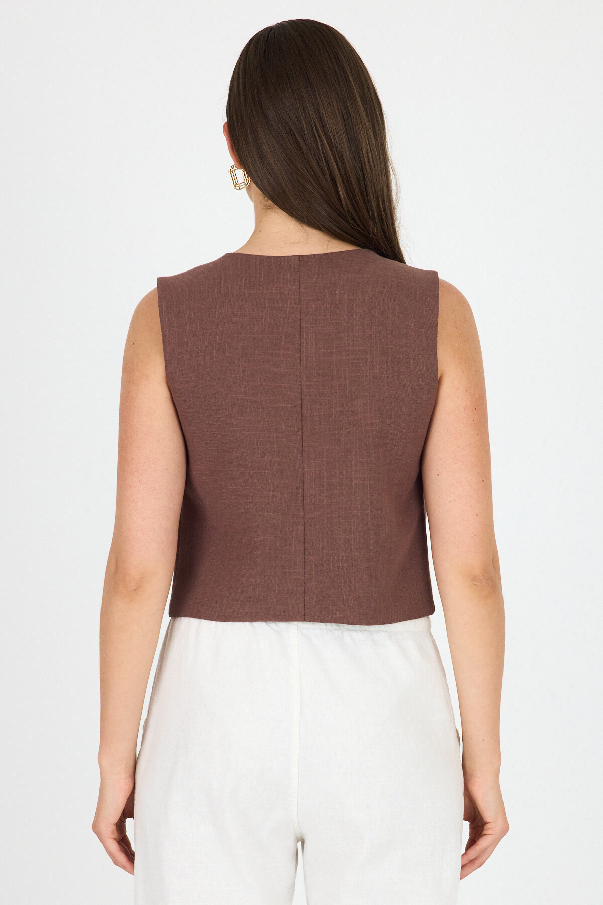 Kahve Keten Görünümlü %100 Pamuk Bağlama Detaylı Yelek 3853 - 5