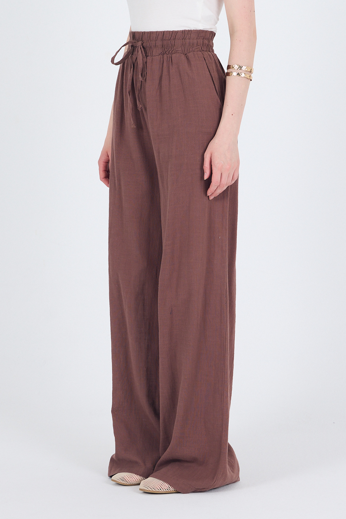 Kahve Keten Görünümlü %100 Pamuk Bol Paça Pantolon 3040 - 6