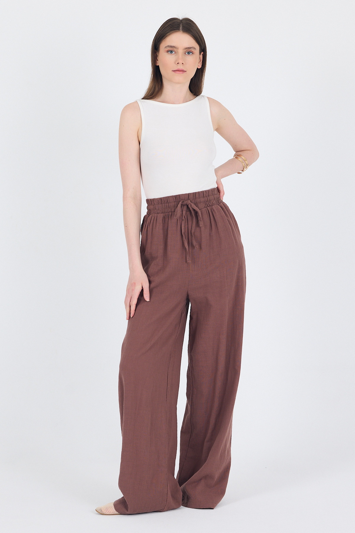 Kahve Keten Görünümlü %100 Pamuk Bol Paça Pantolon 3040 - 7