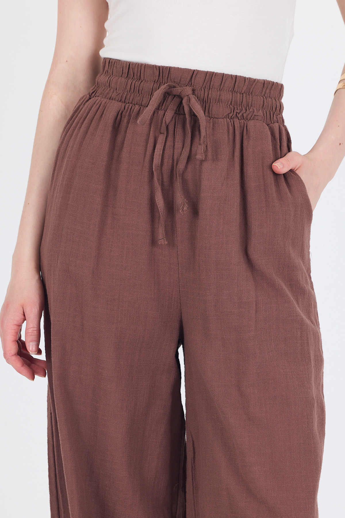 Kahve Keten Görünümlü %100 Pamuk Bol Paça Pantolon 3040 - 4