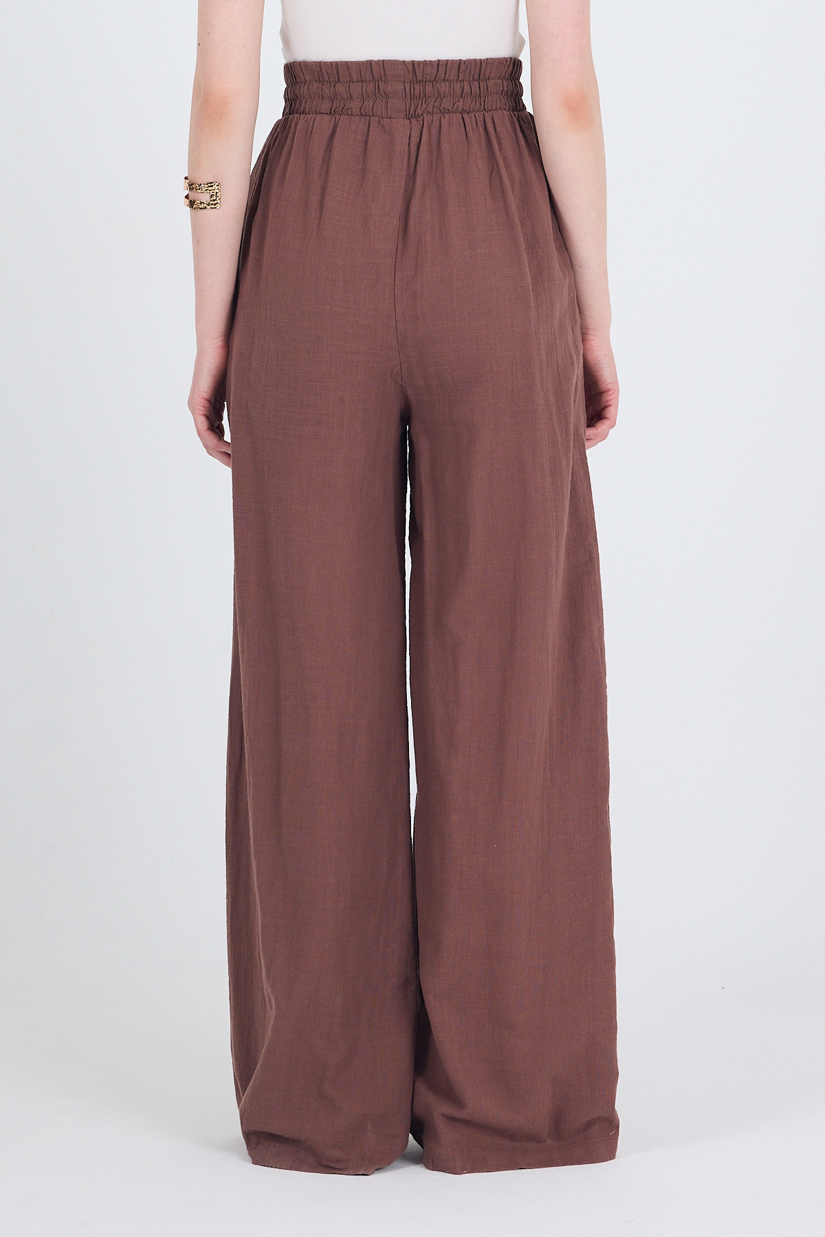 Kahve Keten Görünümlü %100 Pamuk Bol Paça Pantolon 3040 - 5