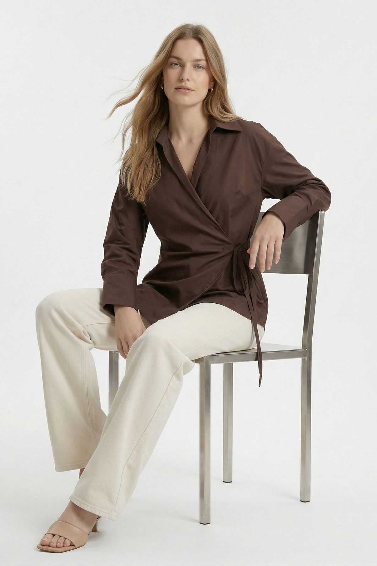 Kahve Kol Yırtmaçlı Yandan Bağlamalı Gömlek 5257 - RAYS