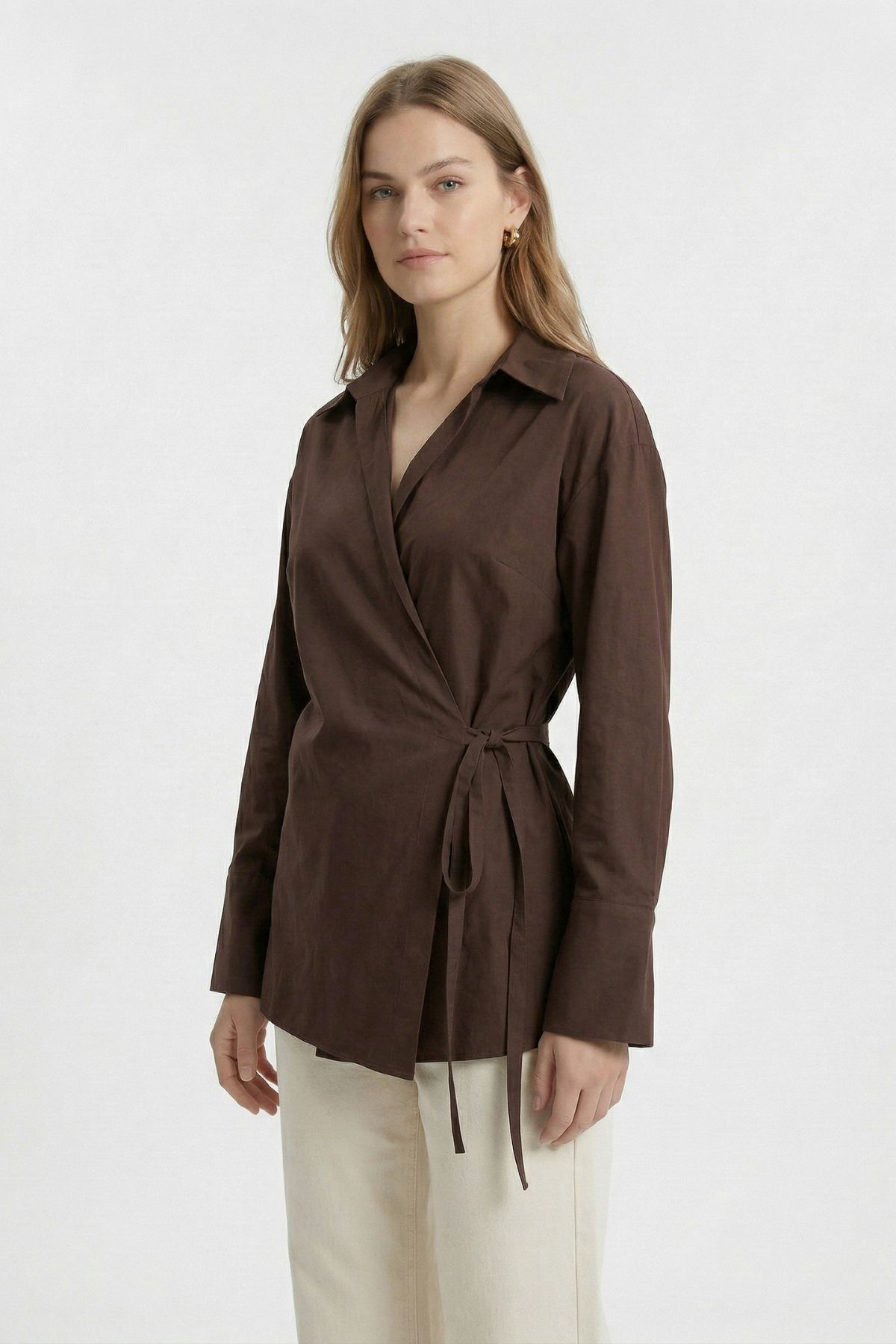 Kahve Kol Yırtmaçlı Yandan Bağlamalı Gömlek 5257 - RAYS