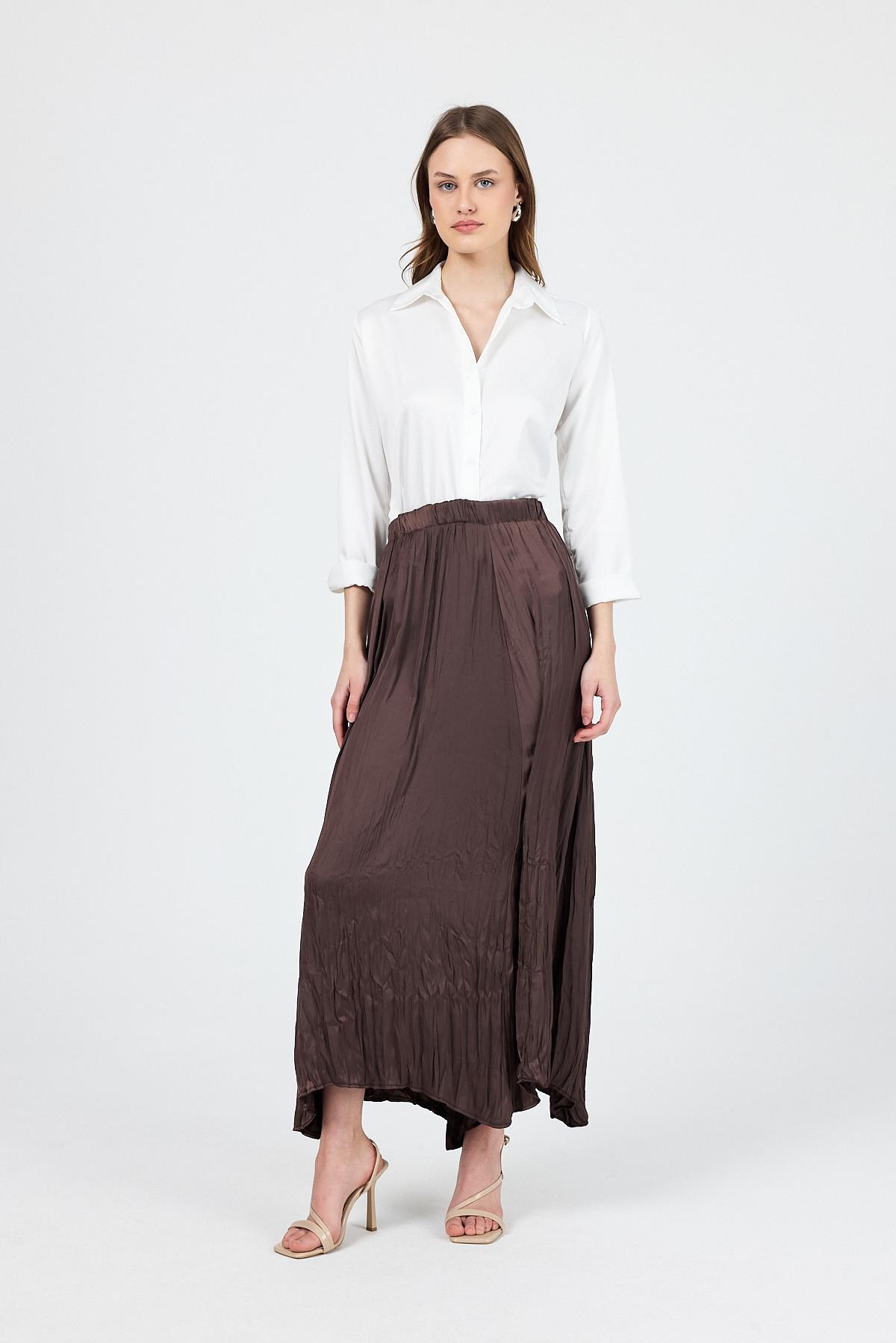 Kahve Kraşlı Kırışık Kumaş Etek 9470 - 7