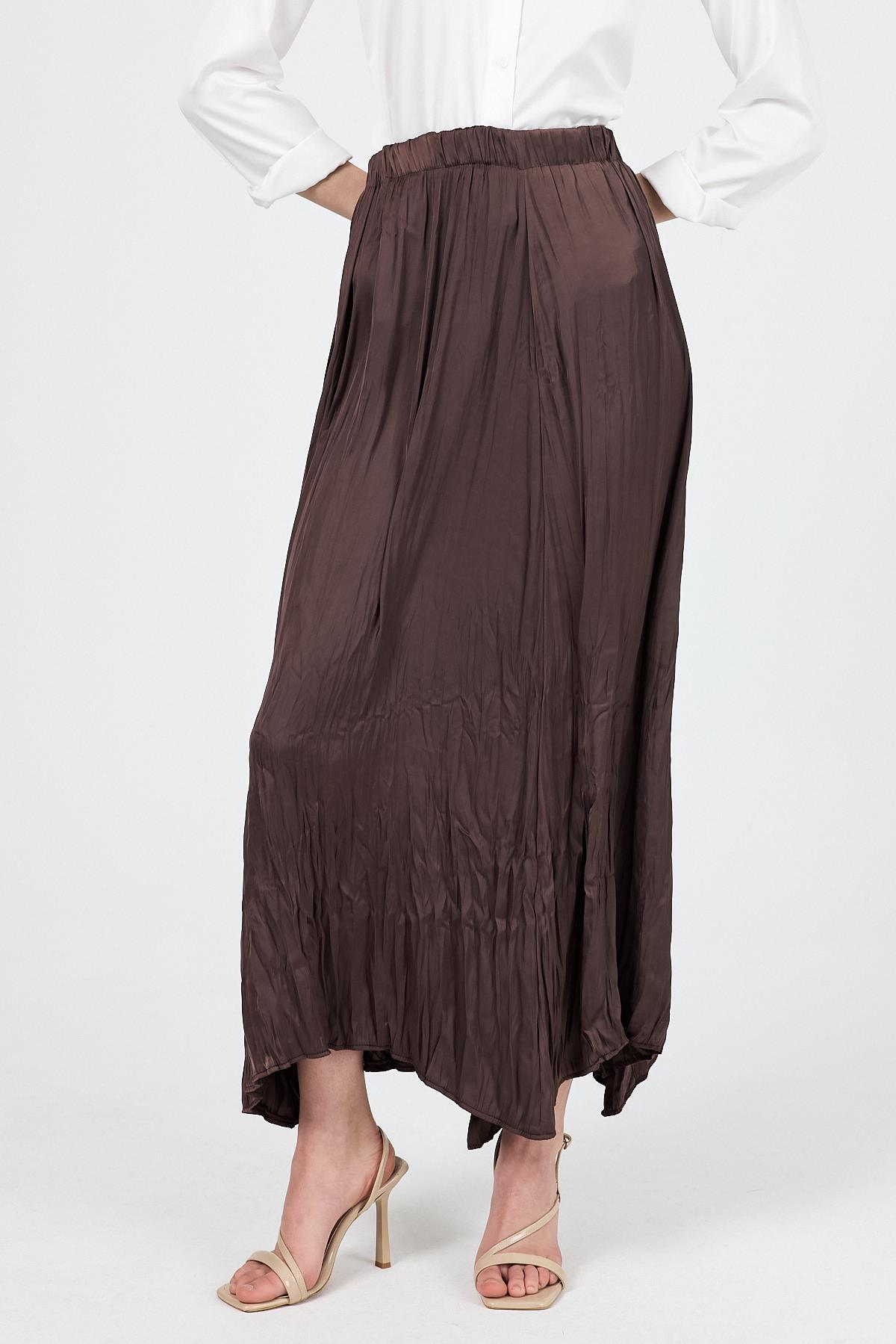 Kahve Kraşlı Kırışık Kumaş Etek 9470 - 3