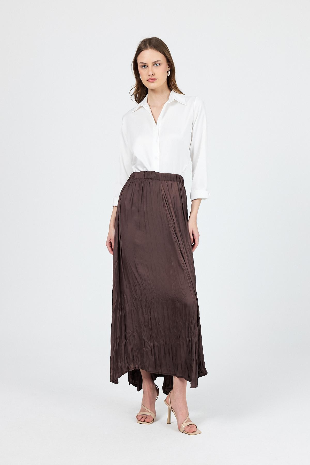 Kahve Kraşlı Kırışık Kumaş Etek 9470 - 2